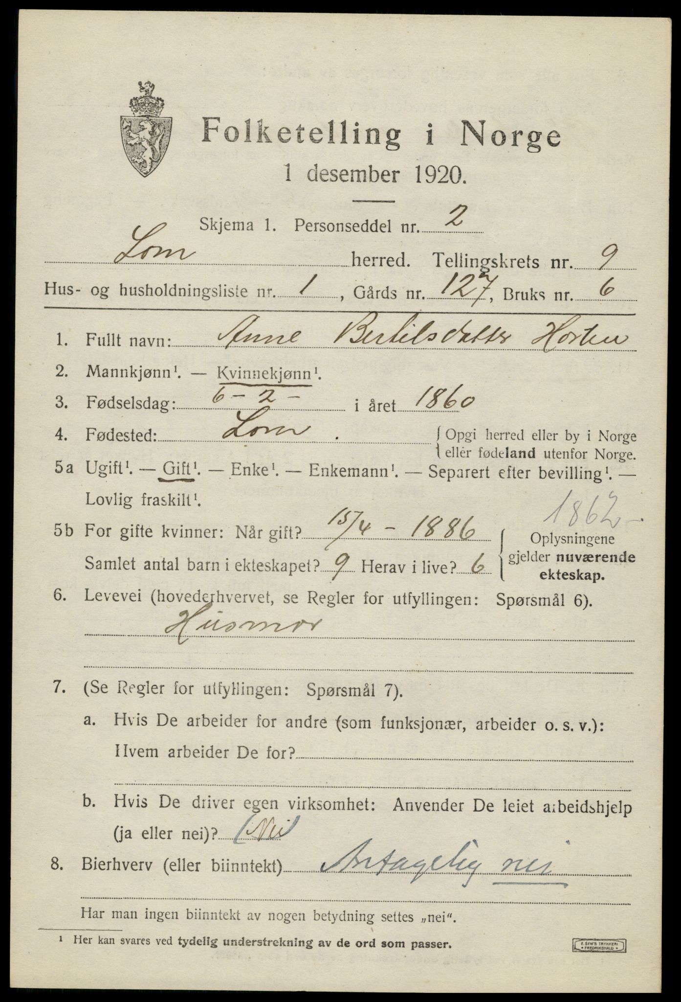 SAH, 1920 census for Lom, 1920, p. 5078