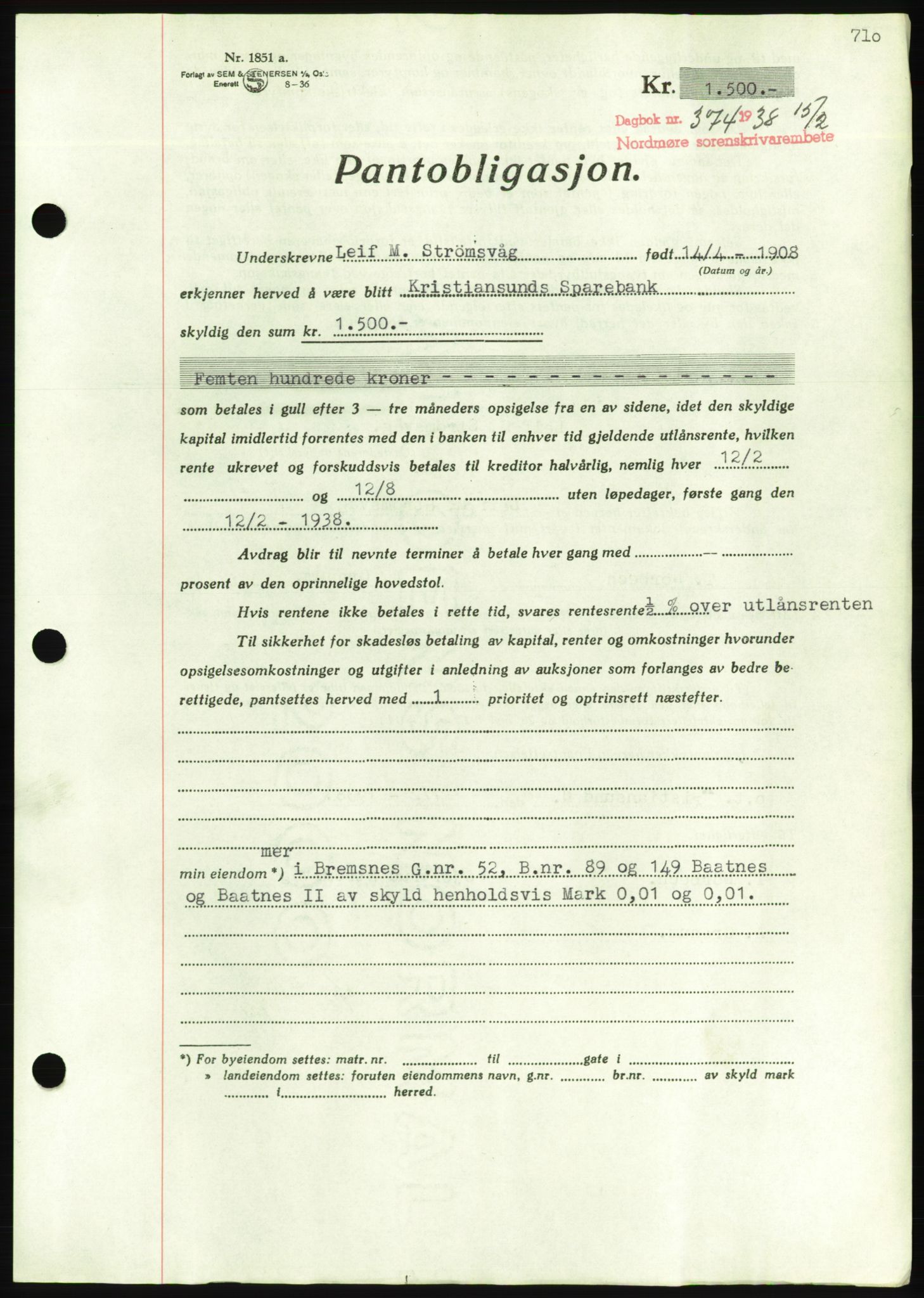 Nordmøre sorenskriveri, AV/SAT-A-4132/1/2/2Ca/L0092: Mortgage book no. B82, 1937-1938, Diary no: : 374/1938