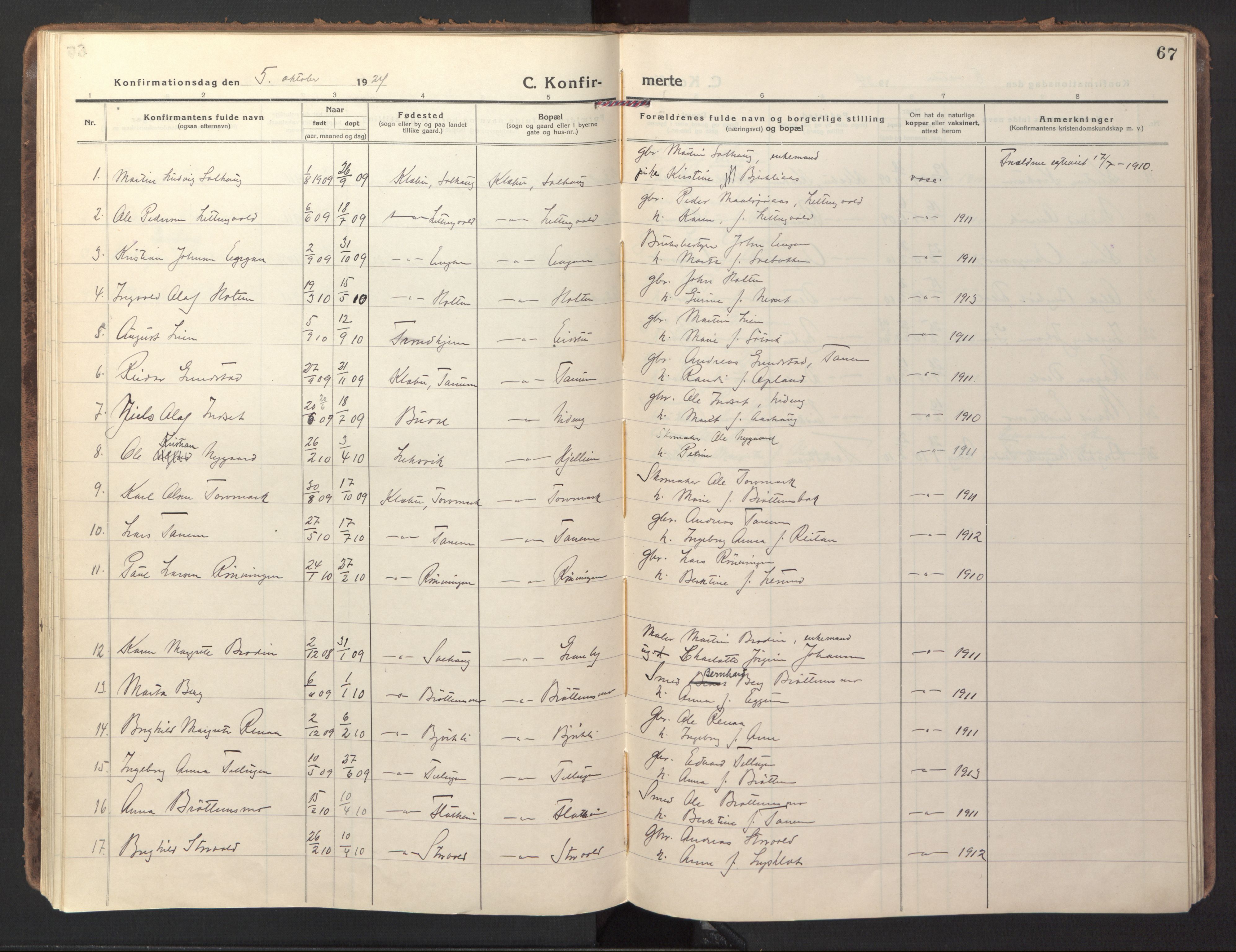 Ministerialprotokoller, klokkerbøker og fødselsregistre - Sør-Trøndelag, SAT/A-1456/618/L0449: Parish register (official) no. 618A12, 1917-1924, p. 67