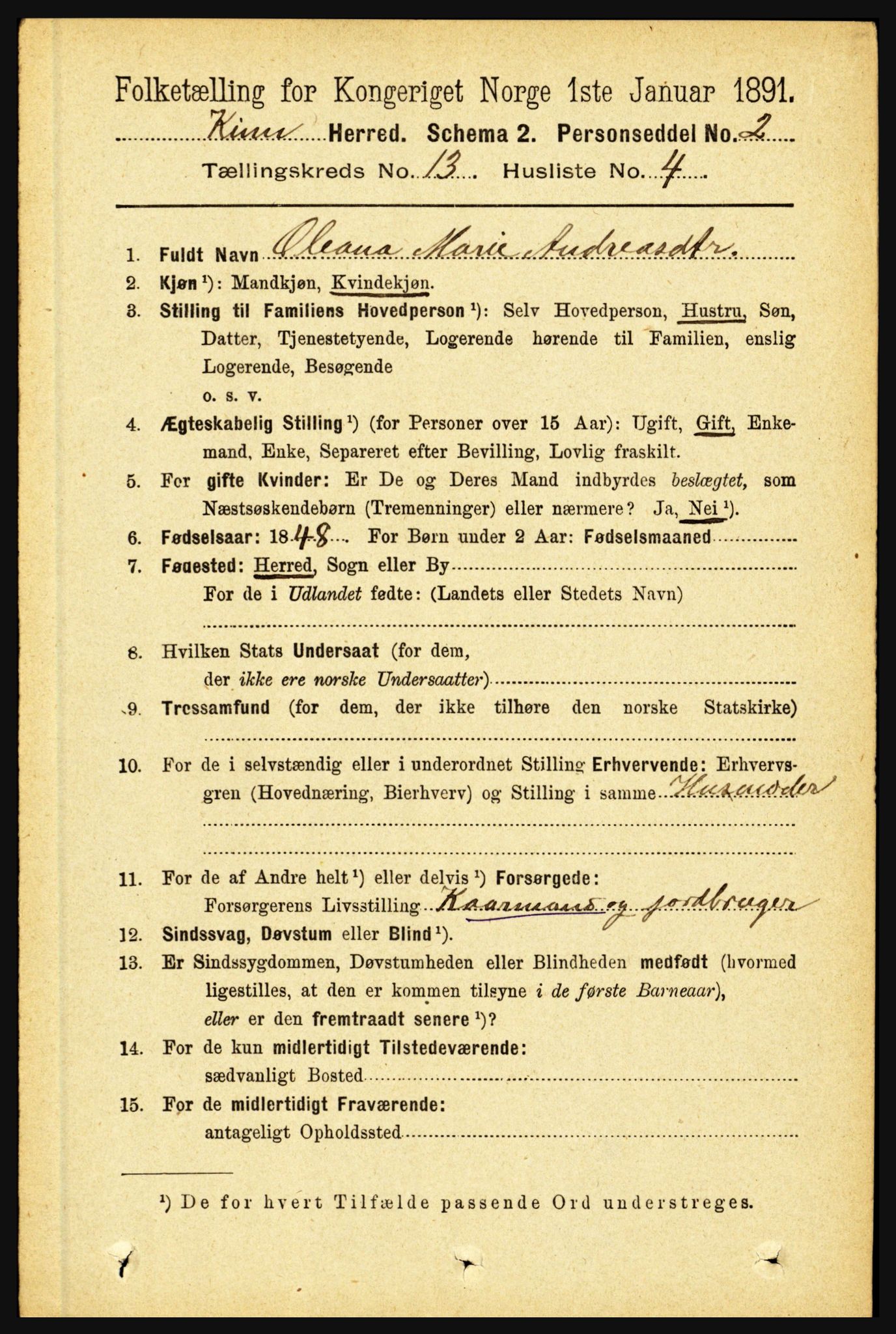 RA, 1891 census for 1437 Kinn, 1891, p. 5073