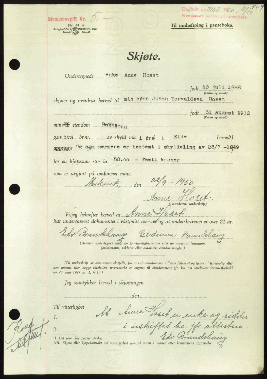 Nordmøre sorenskriveri, AV/SAT-A-4132/1/2/2Ca: Mortgage book no. A116, 1950-1950, Diary no: : 3168/1950