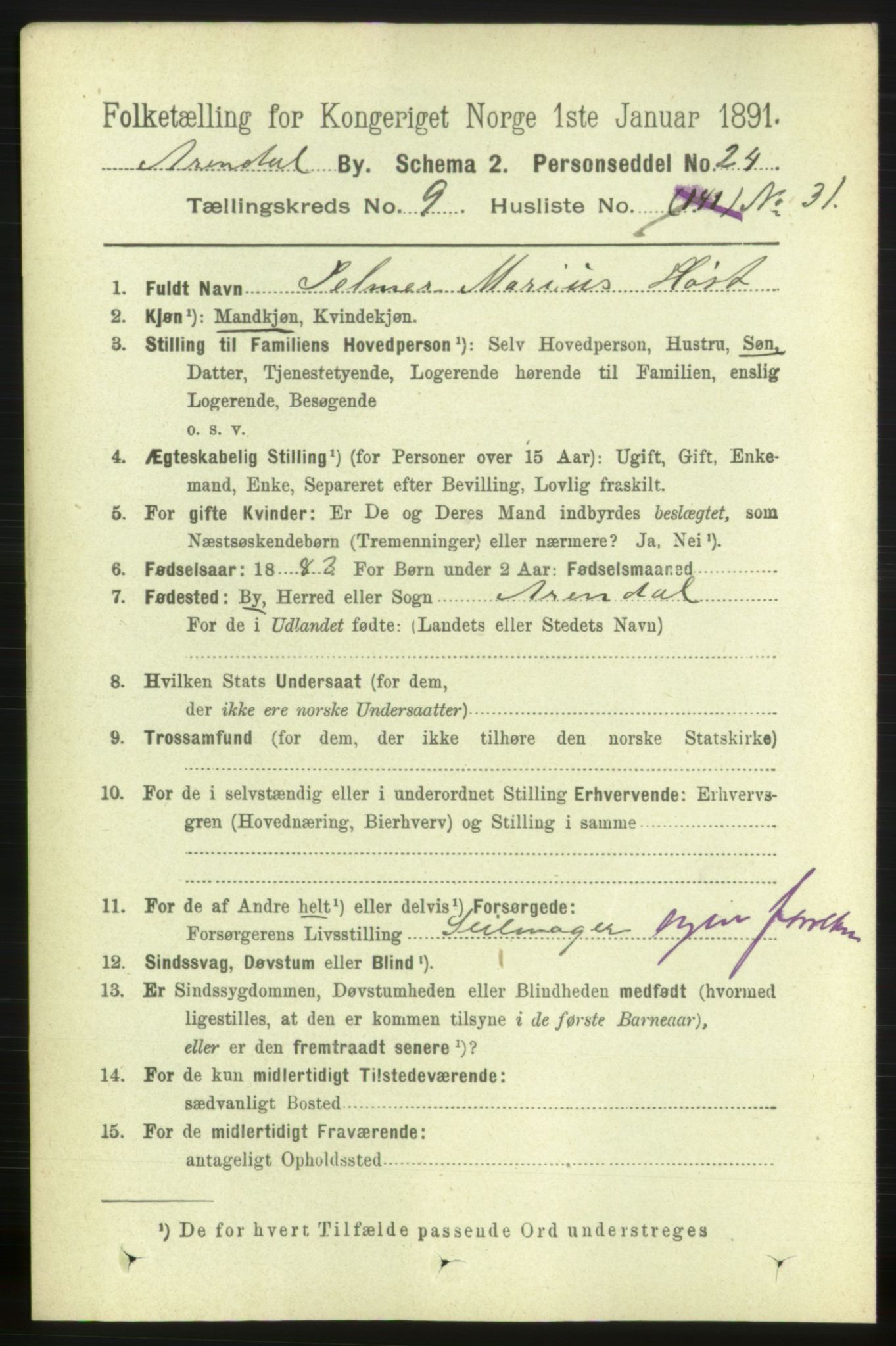 RA, 1891 census for 0903 Arendal, 1891, p. 3578