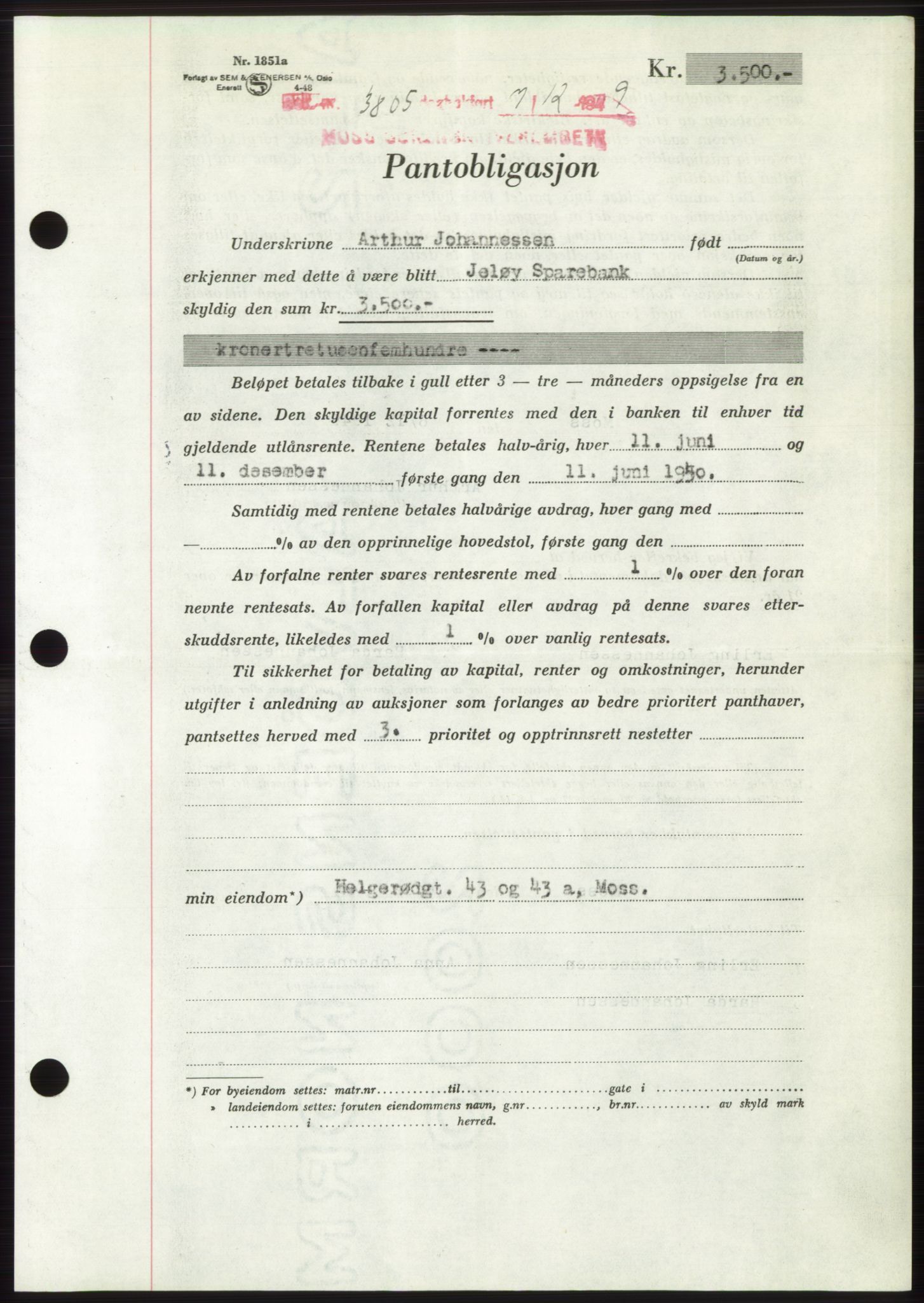 Moss sorenskriveri, SAO/A-10168: Mortgage book no. B23, 1949-1950, Diary no: : 3805/1949