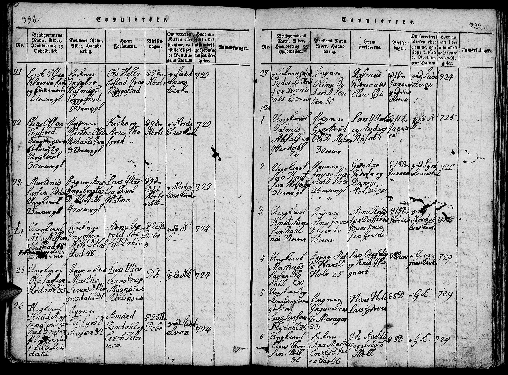 Ministerialprotokoller, klokkerbøker og fødselsregistre - Møre og Romsdal, SAT/A-1454/519/L0260: Parish register (copy) no. 519C01, 1817-1829, p. 398-399