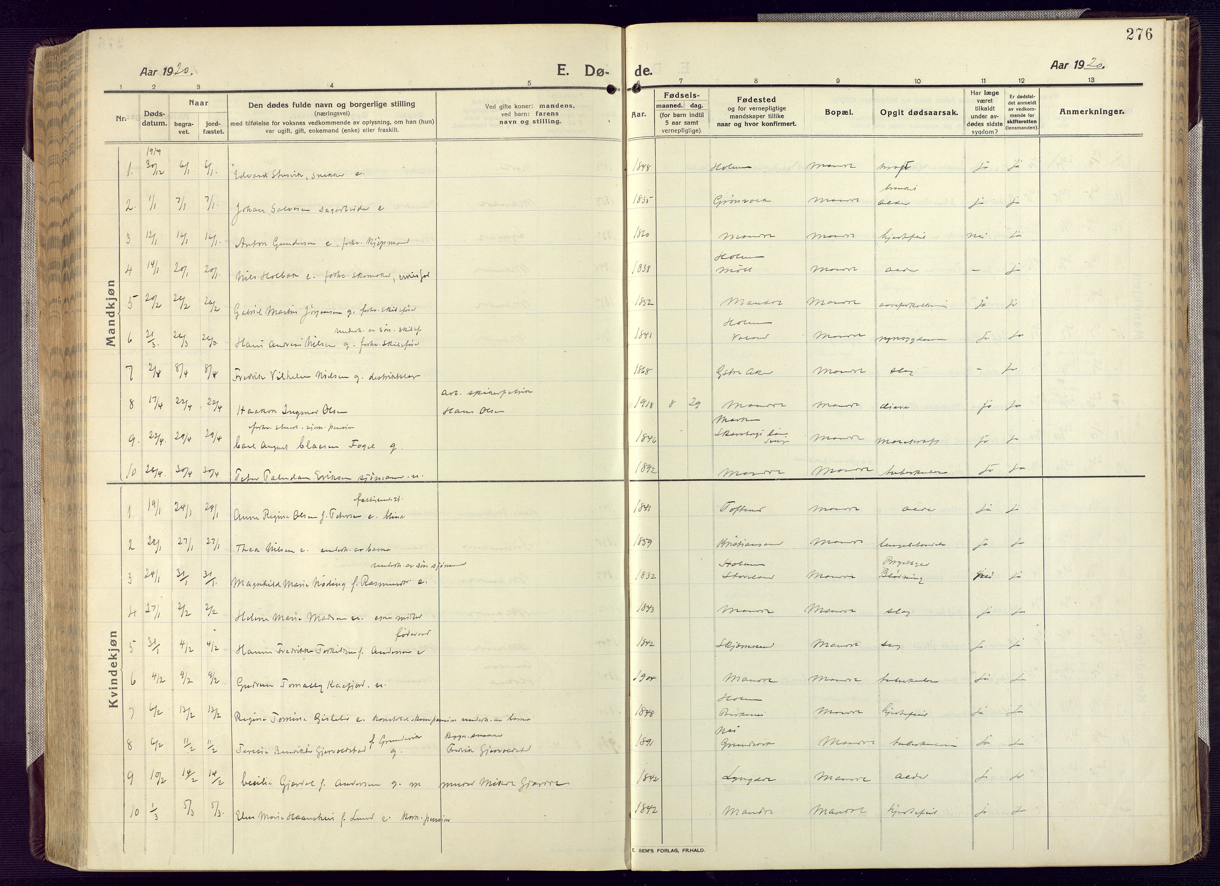 Mandal sokneprestkontor, SAK/1111-0030/F/Fa/Fac/L0001: Parish register (official) no. A 1, 1913-1925, p. 276