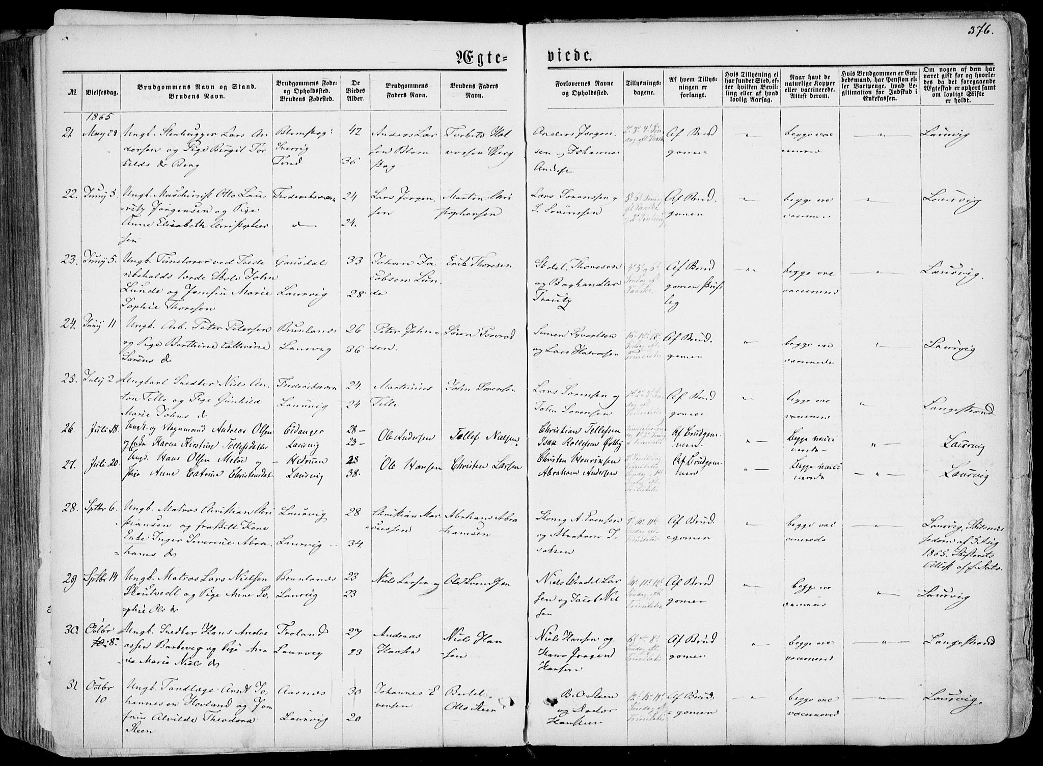 Larvik kirkebøker, AV/SAKO-A-352/F/Fa/L0004: Parish register (official) no. I 4, 1856-1870, p. 376