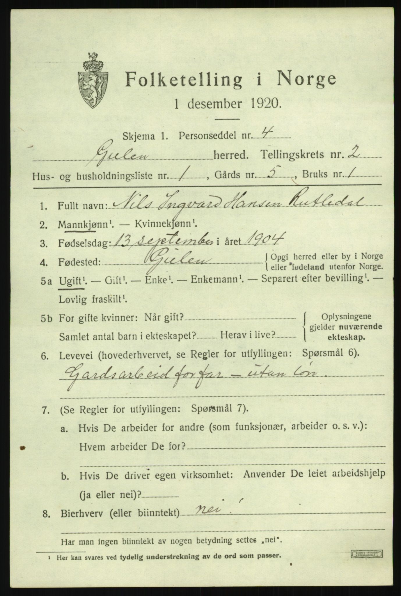 SAB, 1920 census for Gulen, 1920, p. 1313