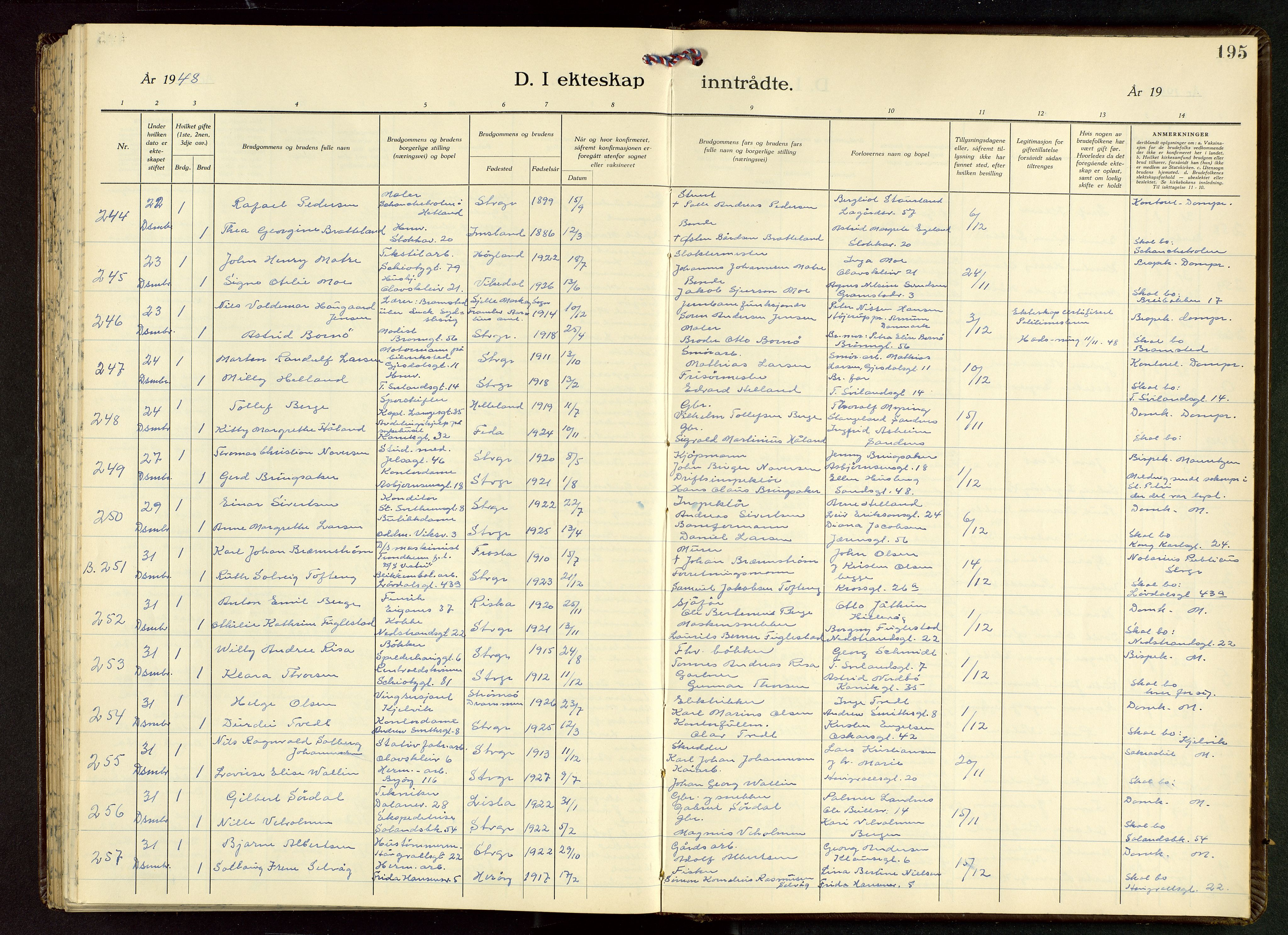 Domkirken sokneprestkontor, AV/SAST-A-101812/001/30/30BB/L0022: Parish register (copy) no. B 22, 1937-1949, p. 195