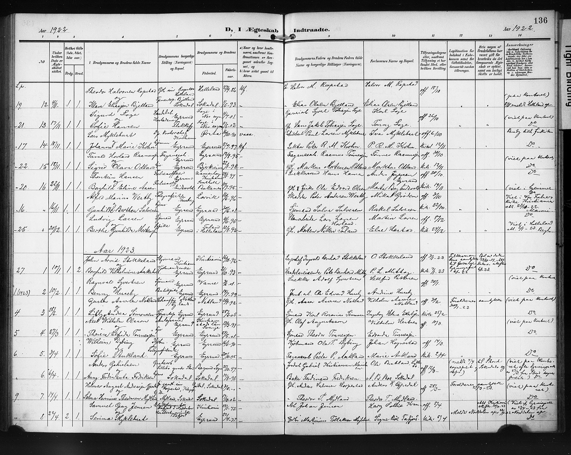 Eigersund sokneprestkontor, SAST/A-101807/S09/L0012: Parish register (copy) no. B 12, 1908-1930, p. 136