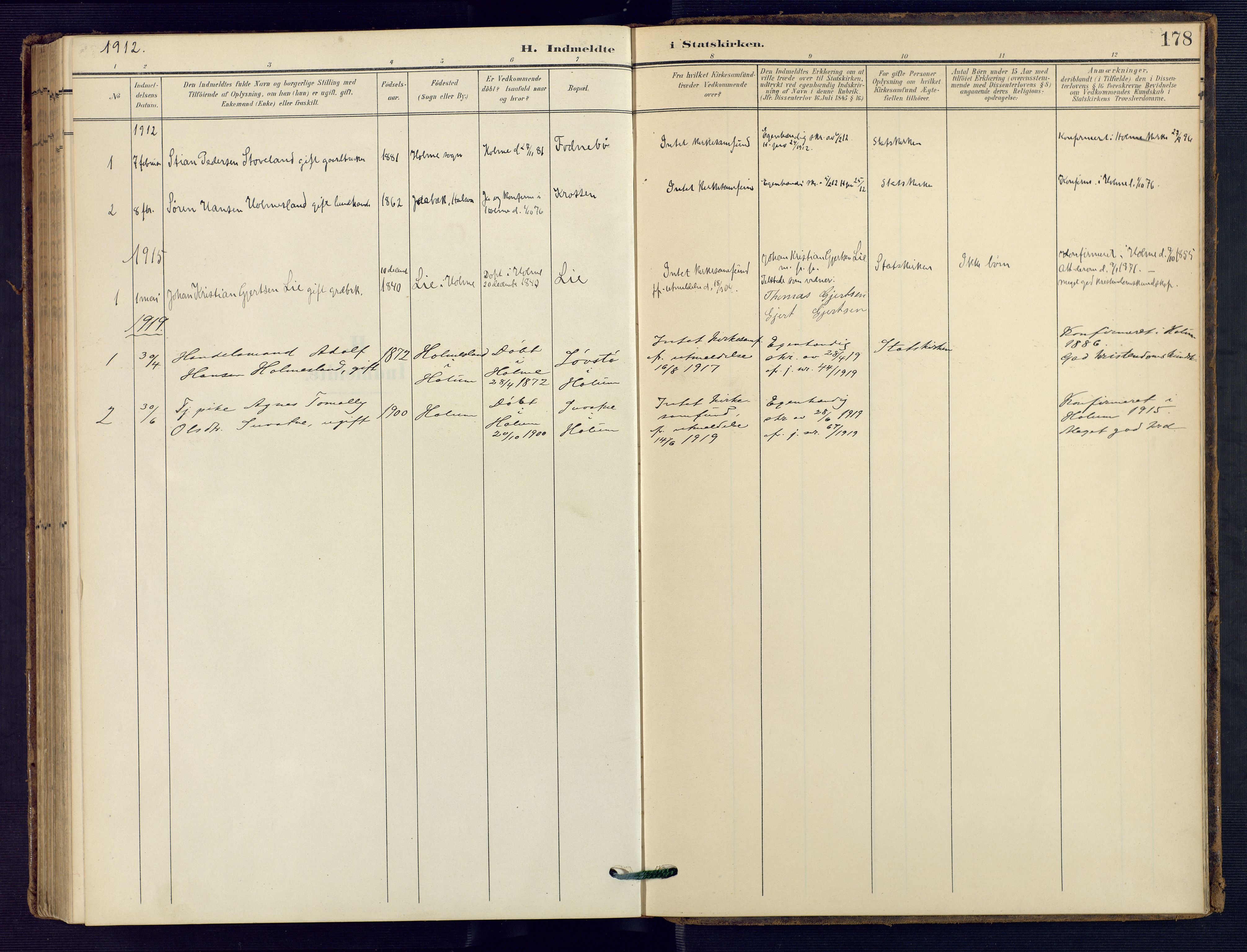Holum sokneprestkontor, SAK/1111-0022/F/Fa/Faa/L0008: Parish register (official) no. A 8, 1908-1929, p. 178
