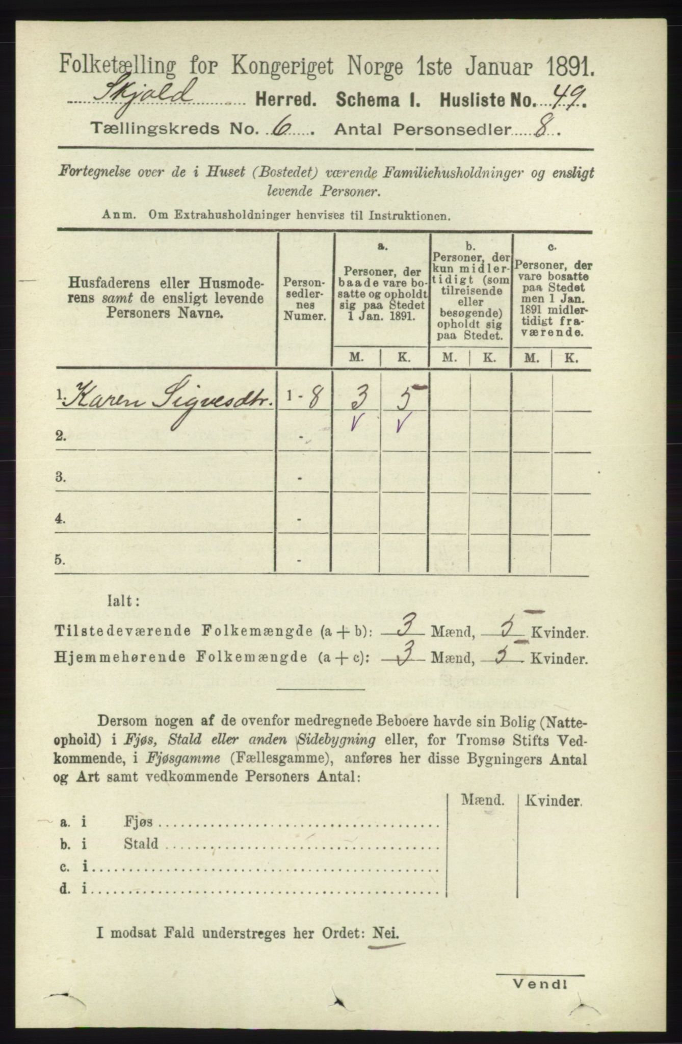 RA, 1891 census for 1154 Skjold, 1891, p. 998