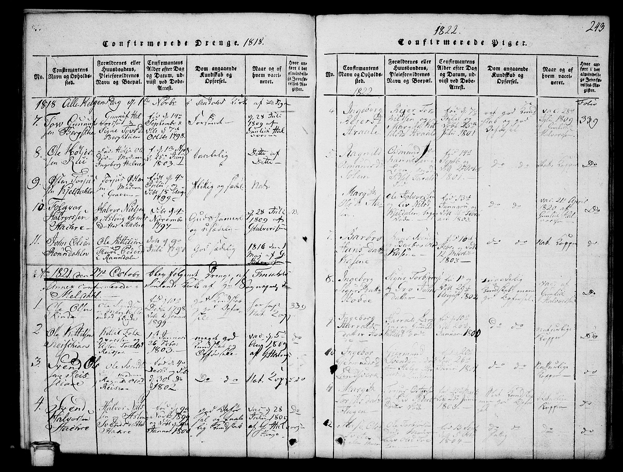 Hjartdal kirkebøker, SAKO/A-270/G/Gc/L0001: Parish register (copy) no. III 1, 1815-1842, p. 243