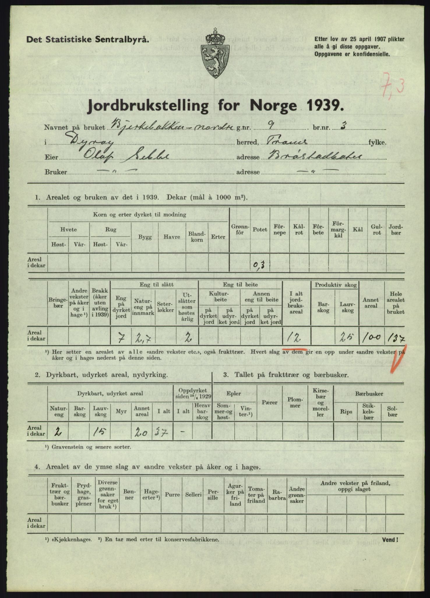 Statistisk sentralbyrå, Næringsøkonomiske emner, Jordbruk, skogbruk, jakt, fiske og fangst, AV/RA-S-2234/G/Gb/L0340: Troms: Salangen og Dyrøy, 1939, p. 1073