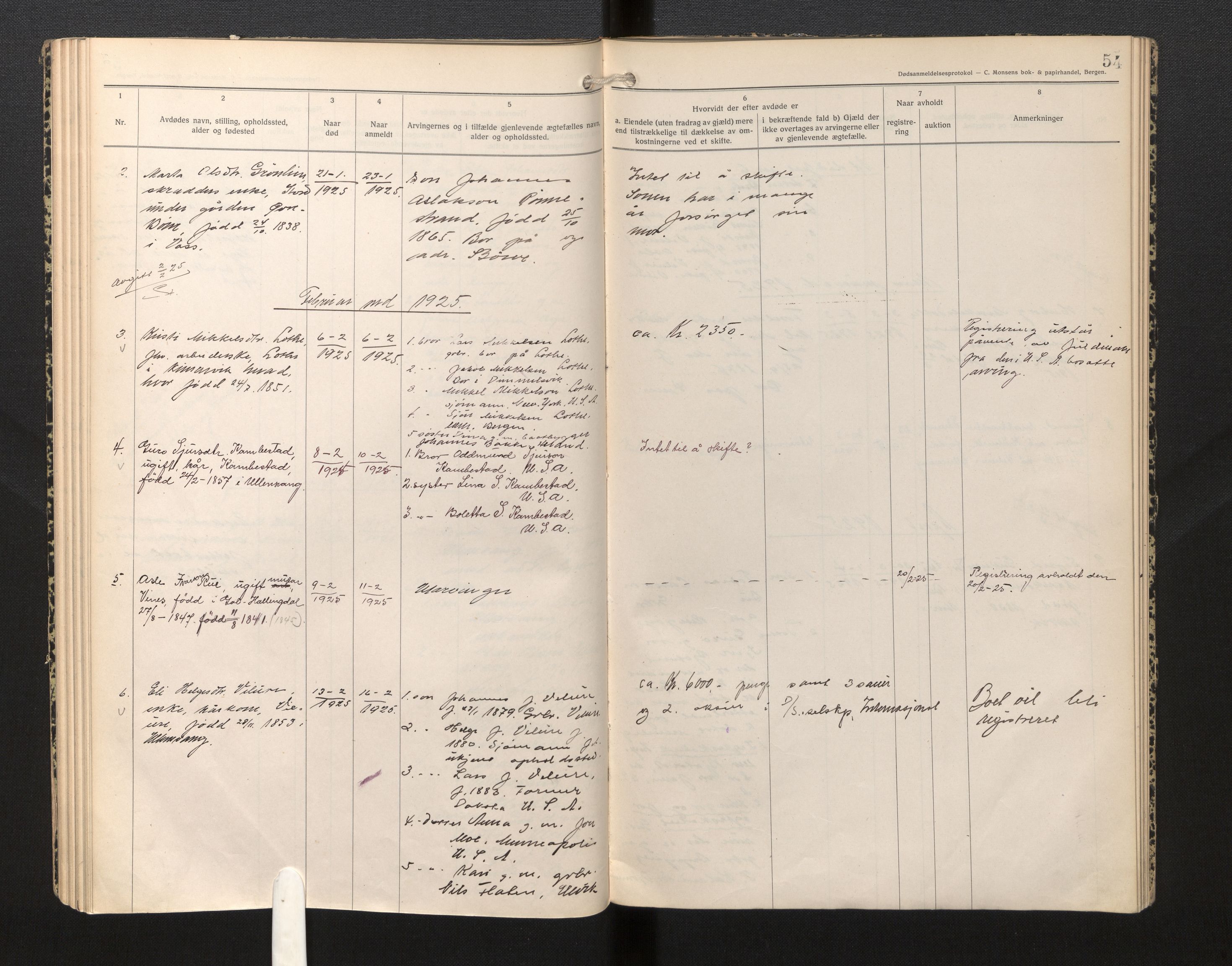 Lensmannen i Ullensvang, AV/SAB-A-35501/0006/L0007: Dødsfallprotokoll, 1920-1928, p. 54