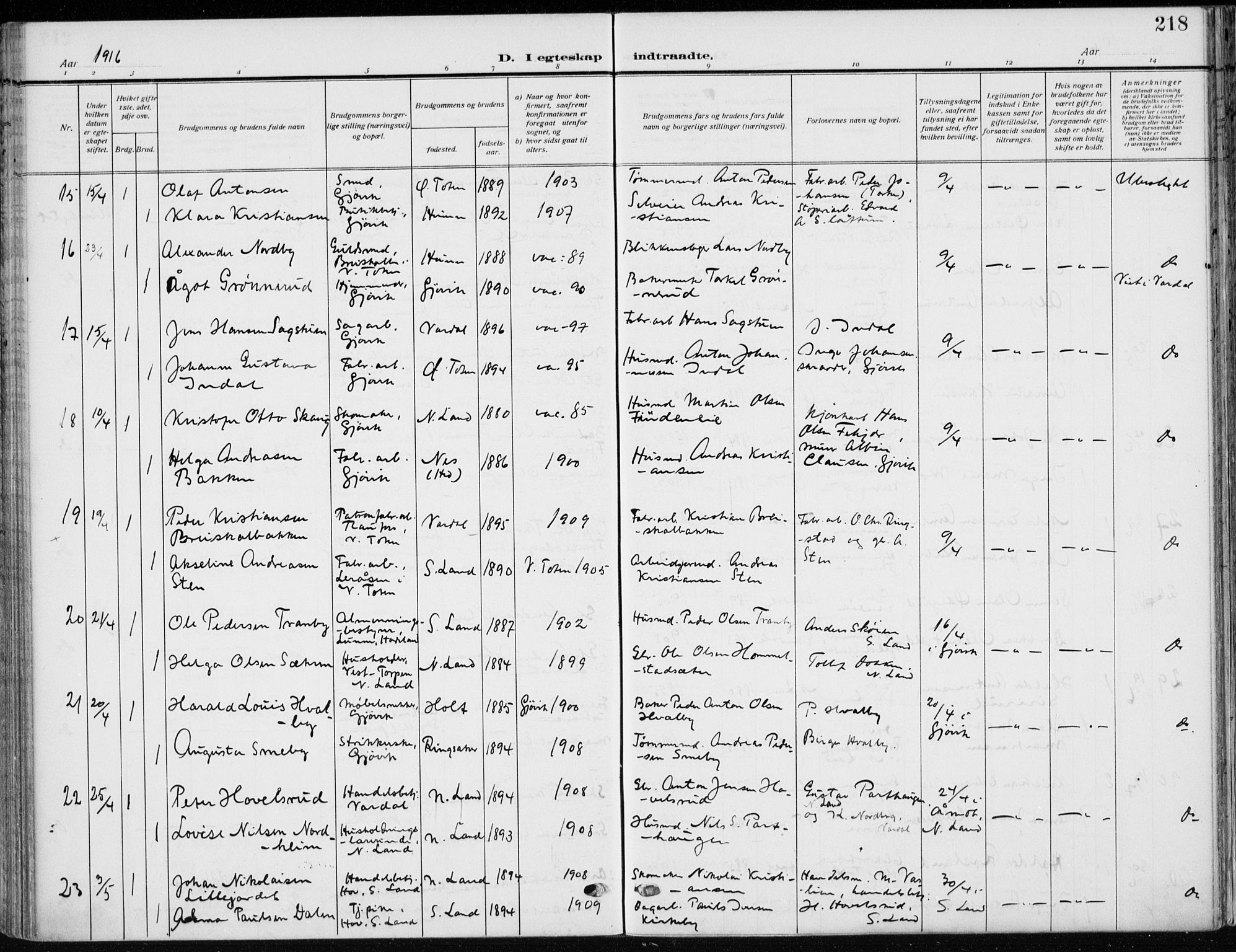 Vardal prestekontor, AV/SAH-PREST-100/H/Ha/Haa/L0014: Parish register (official) no. 14, 1912-1922, p. 218