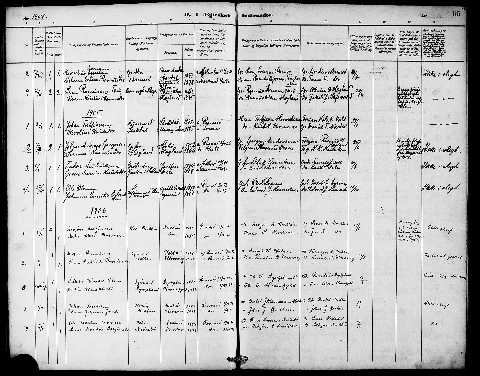 Rennesøy sokneprestkontor, SAST/A -101827/H/Ha/Hab/L0010: Parish register (copy) no. B 9, 1890-1918, p. 65