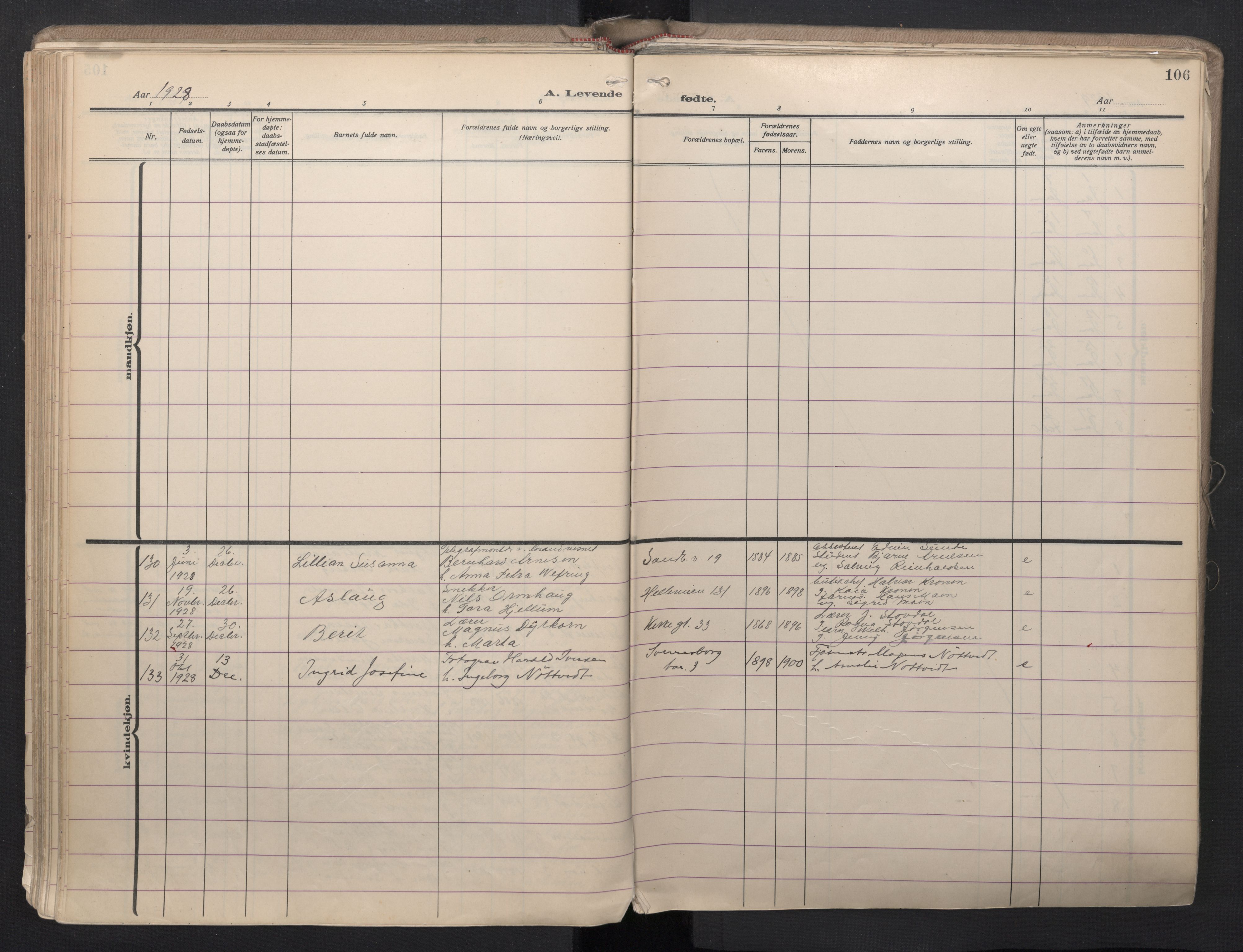 Sandviken Sokneprestembete, AV/SAB-A-77601/H/Ha/L0008: Parish register (official) no. B 5, 1924-1944, p. 106