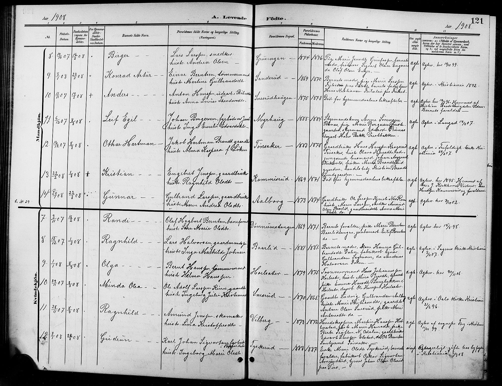 Eidsvoll prestekontor Kirkebøker, AV/SAO-A-10888/G/Ga/L0007: Parish register (copy) no. I 7, 1901-1909, p. 121