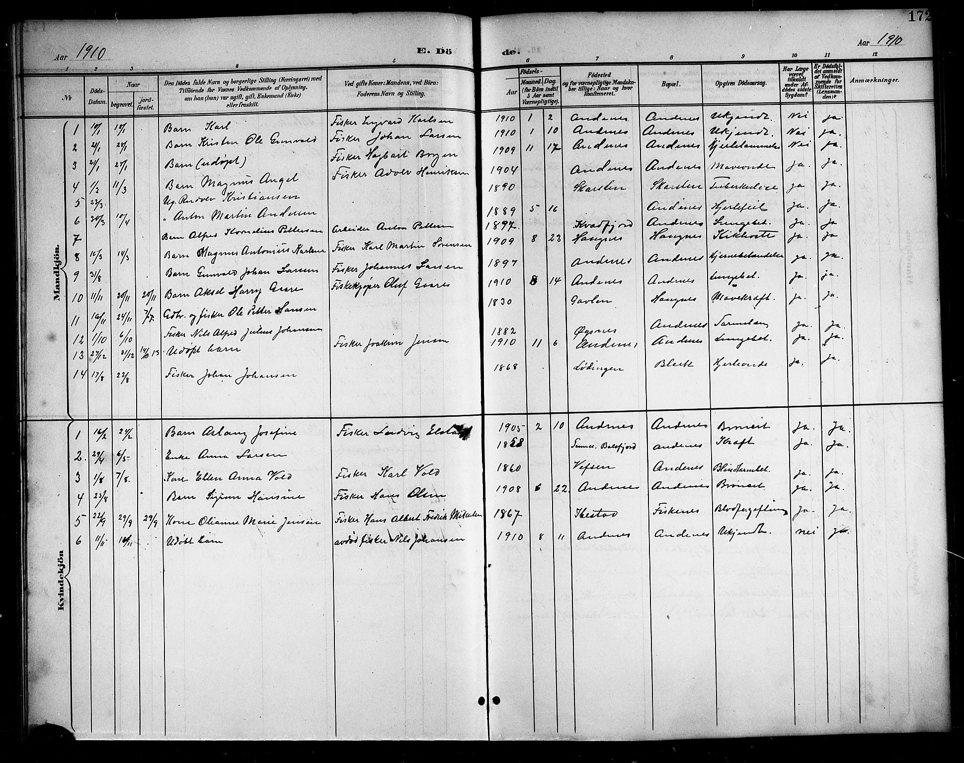 Ministerialprotokoller, klokkerbøker og fødselsregistre - Nordland, SAT/A-1459/899/L1449: Parish register (copy) no. 899C04, 1900-1918, p. 172