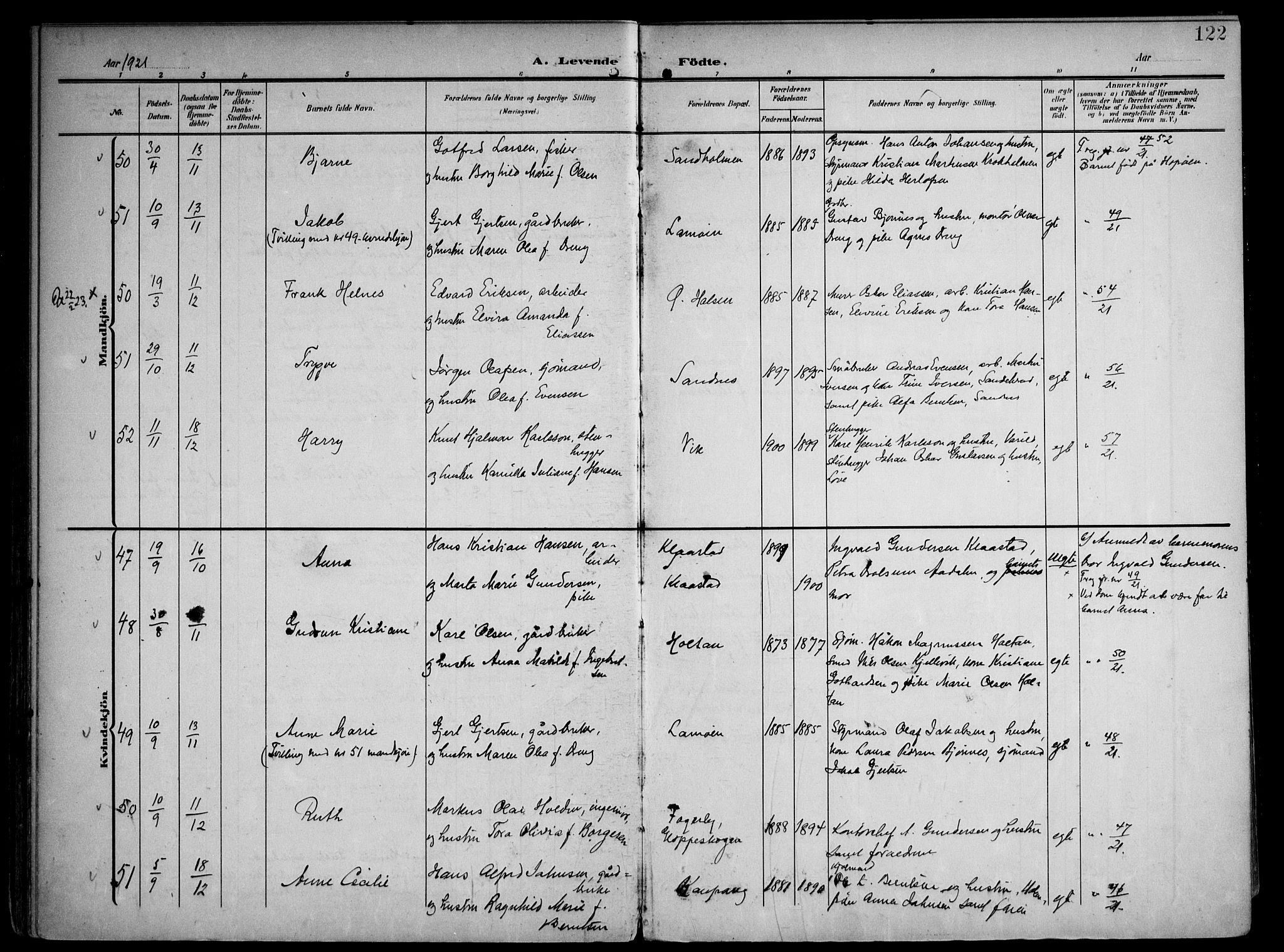 Tjølling kirkebøker, AV/SAKO-A-60/F/Fa/L0010: Parish register (official) no. 10, 1906-1923, p. 122