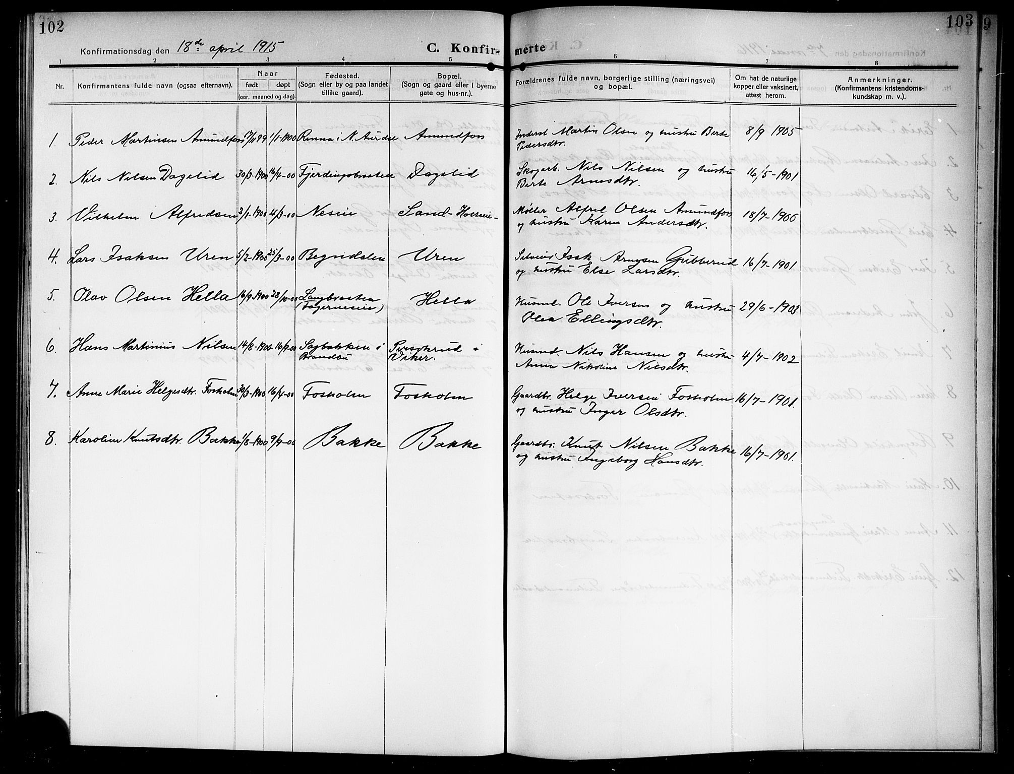 Ådal kirkebøker, AV/SAKO-A-248/G/Gb/L0002: Parish register (copy) no. II 2, 1909-1920, p. 102-103