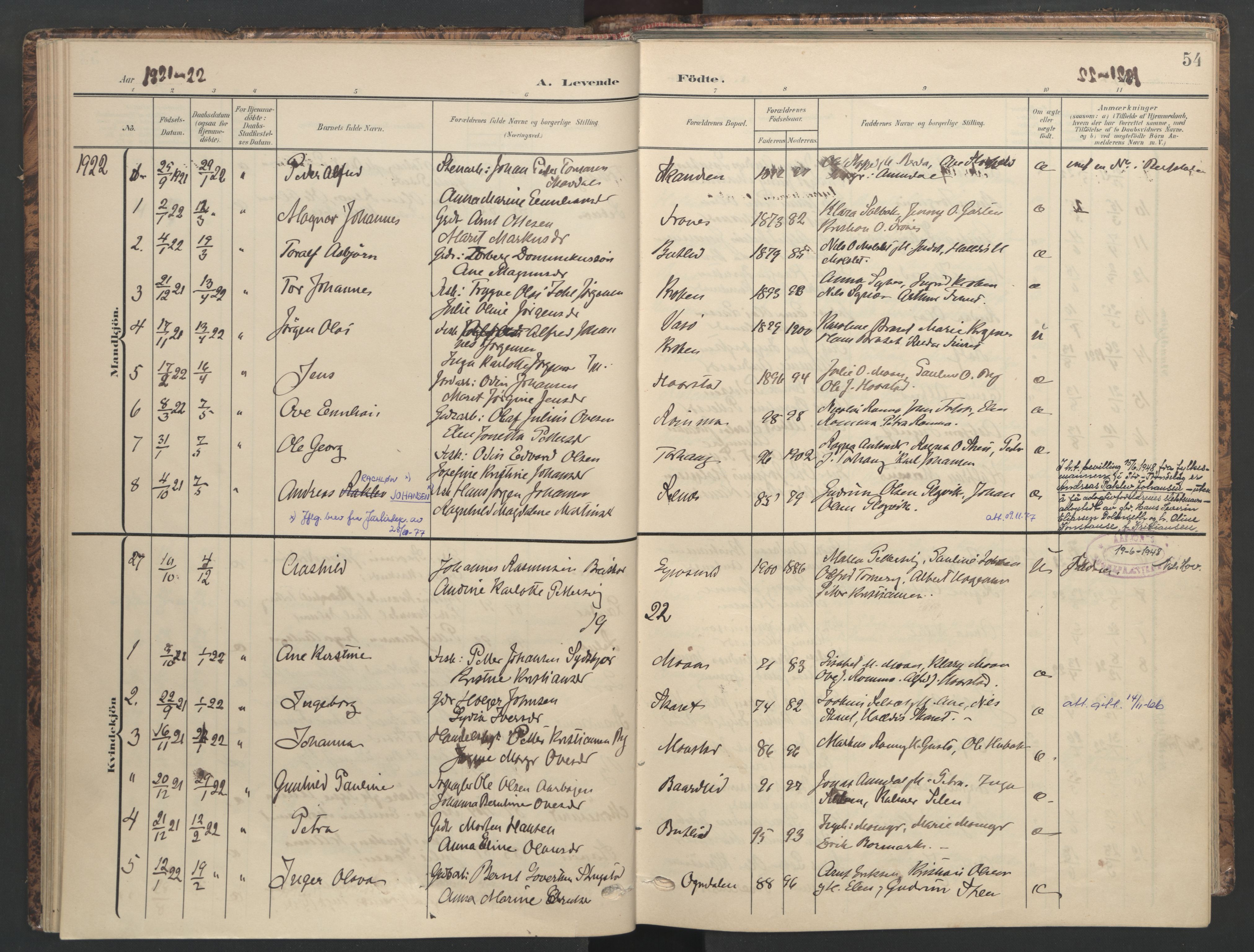 Ministerialprotokoller, klokkerbøker og fødselsregistre - Sør-Trøndelag, SAT/A-1456/655/L0682: Parish register (official) no. 655A11, 1908-1922, p. 54