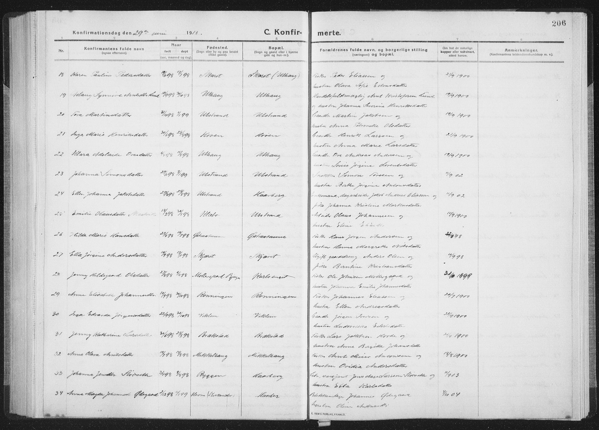 Ministerialprotokoller, klokkerbøker og fødselsregistre - Sør-Trøndelag, AV/SAT-A-1456/659/L0747: Parish register (copy) no. 659C04, 1913-1938, p. 206