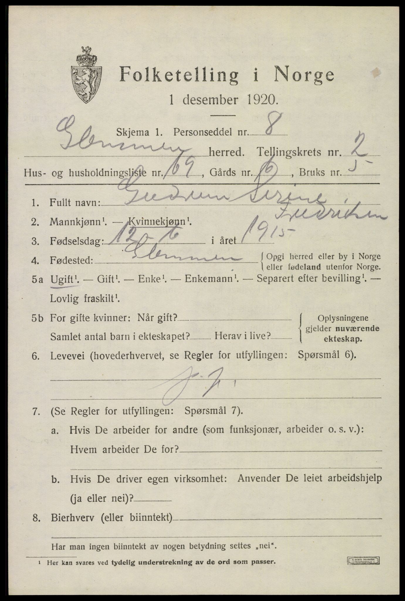 SAO, 1920 census for Glemmen, 1920, p. 5179