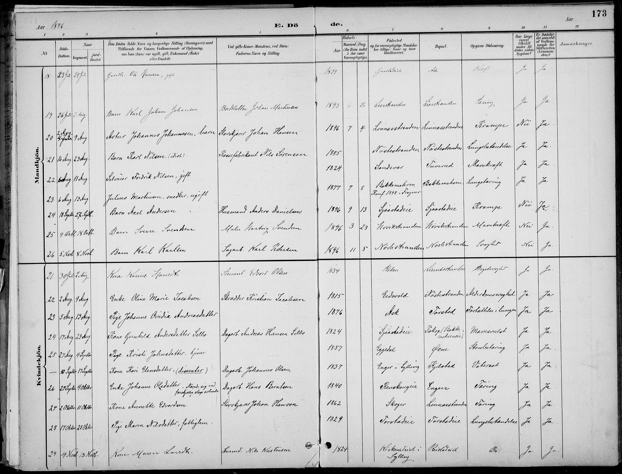 Lier kirkebøker, AV/SAKO-A-230/F/Fa/L0016: Parish register (official) no. I 16, 1895-1900, p. 173