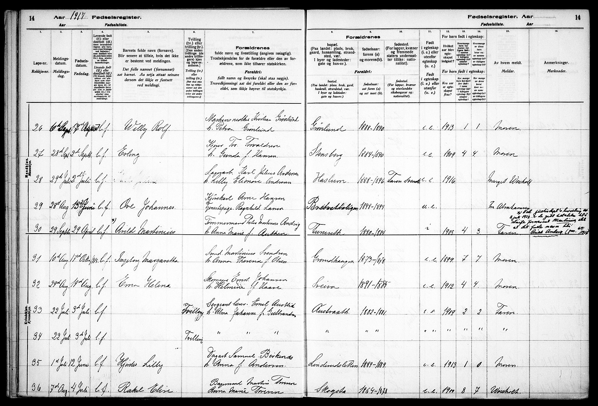 Østre Aker prestekontor Kirkebøker, AV/SAO-A-10840/J/Jb/L0001: Birth register no. II 1, 1916-1932, p. 14