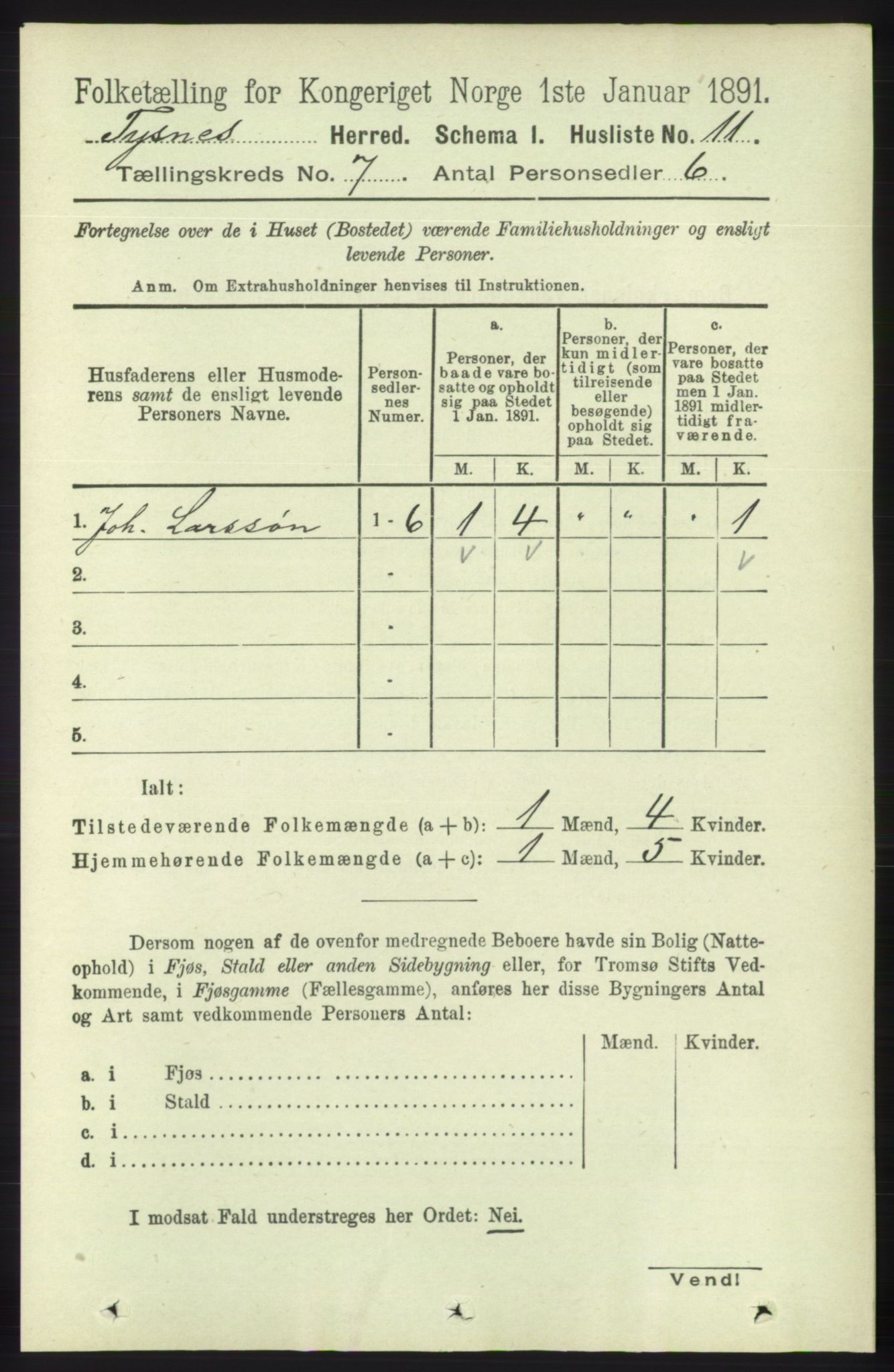 RA, 1891 census for 1223 Tysnes, 1891, p. 2771