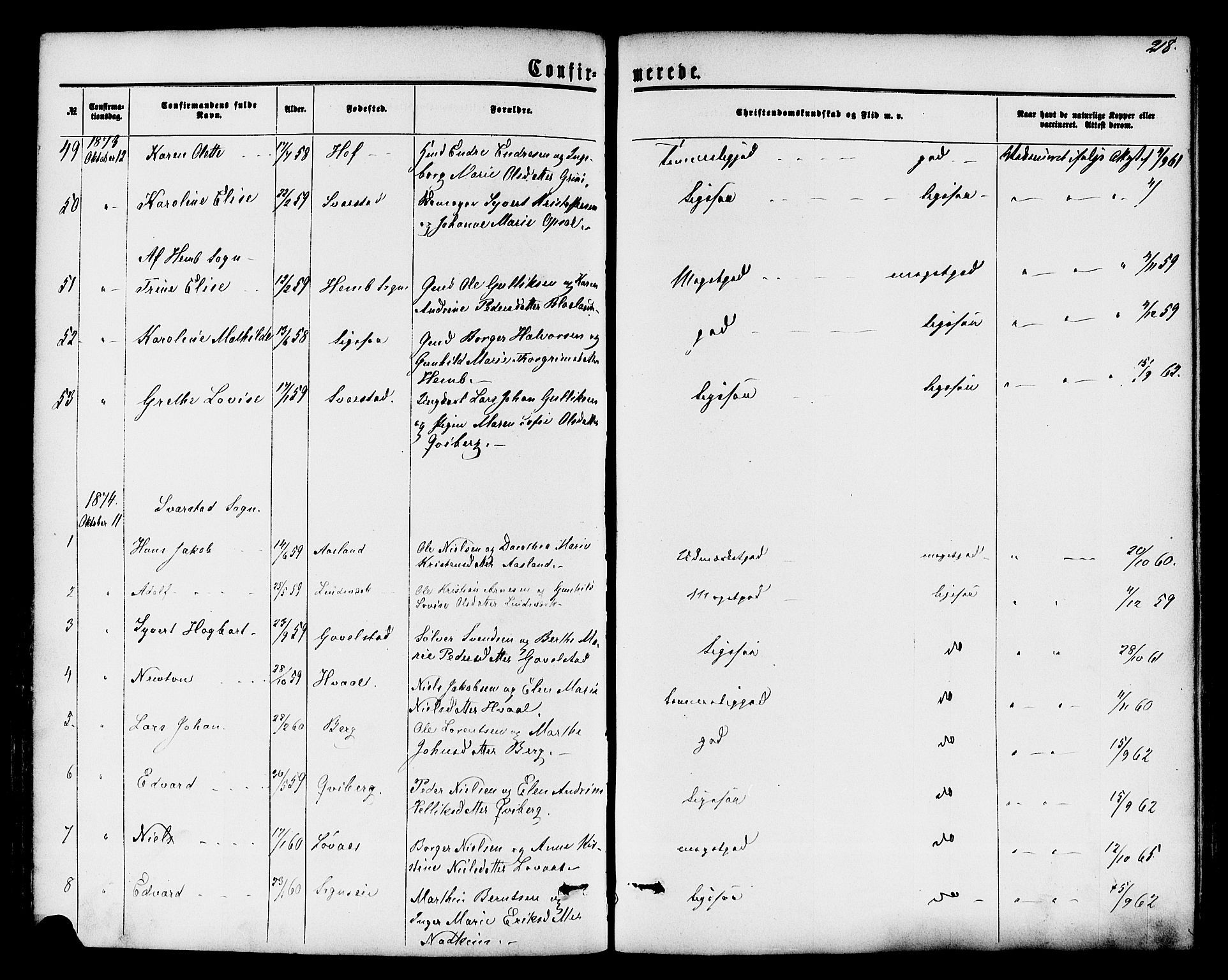 Lardal kirkebøker, AV/SAKO-A-350/F/Fa/L0007: Parish register (official) no. I 7, 1861-1880, p. 218