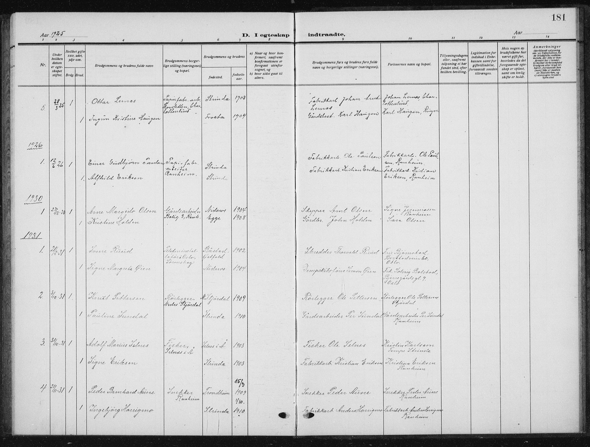 Ministerialprotokoller, klokkerbøker og fødselsregistre - Sør-Trøndelag, SAT/A-1456/615/L0401: Parish register (copy) no. 615C02, 1922-1941, p. 181
