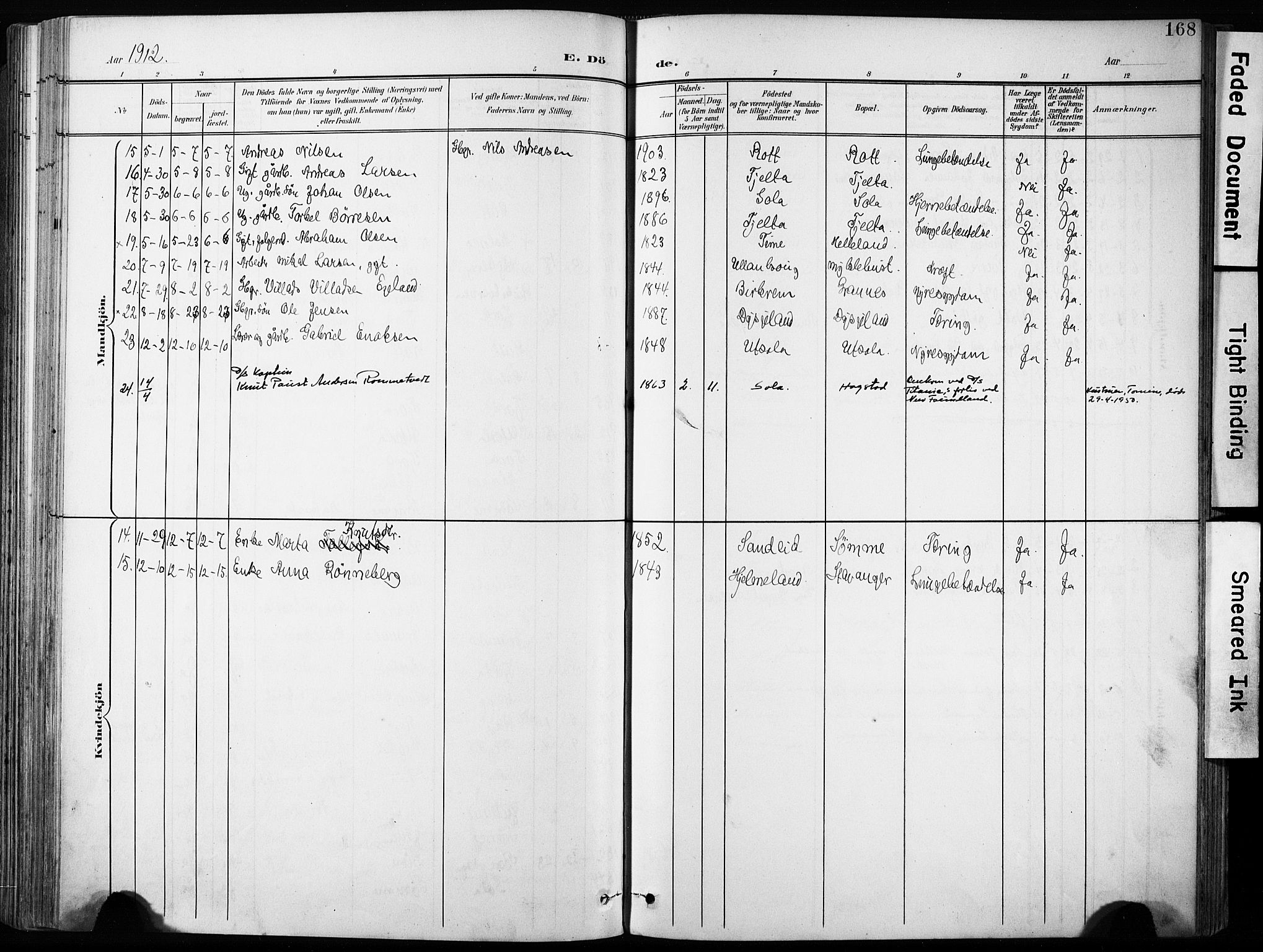 Håland sokneprestkontor, AV/SAST-A-101802/001/30BA/L0013: Parish register (official) no. A 12, 1901-1913, p. 168