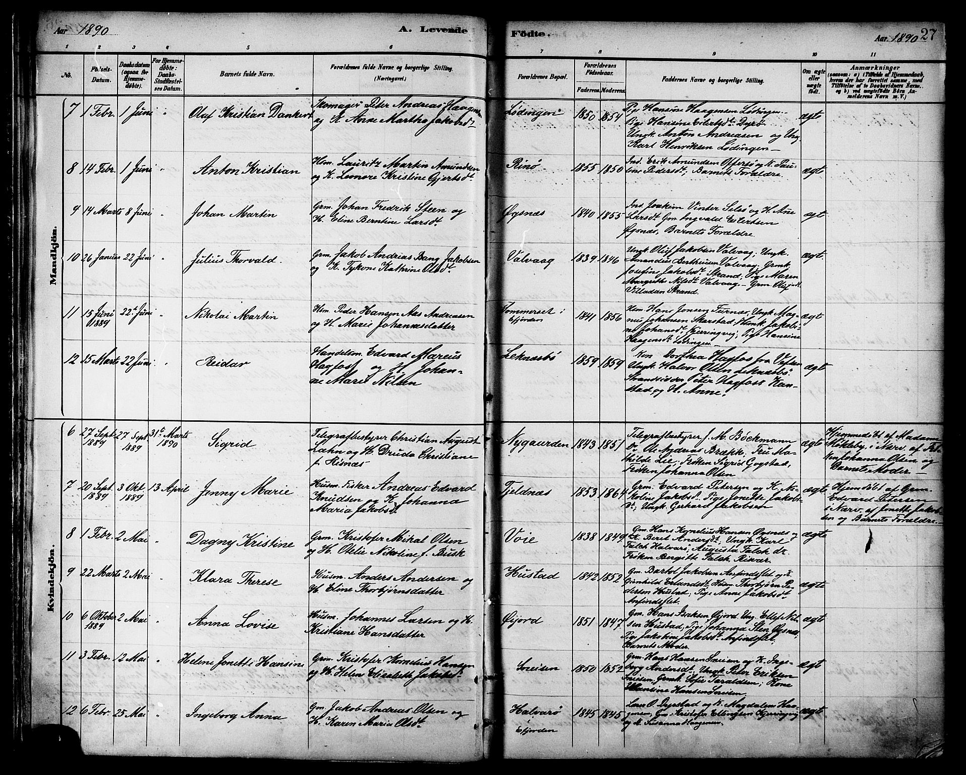 Ministerialprotokoller, klokkerbøker og fødselsregistre - Nordland, SAT/A-1459/872/L1035: Parish register (official) no. 872A10, 1884-1896, p. 27