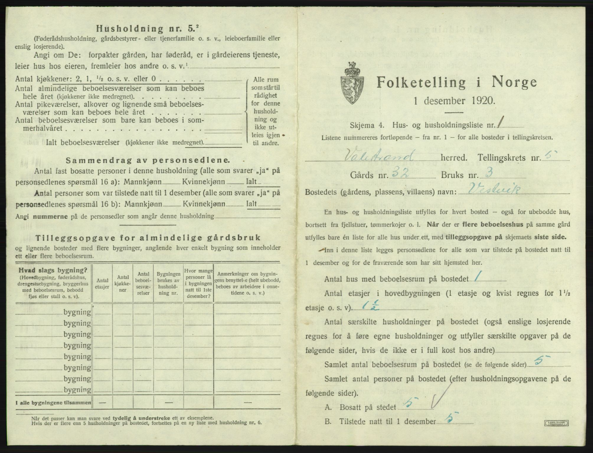 SAB, 1920 census for Valestrand, 1920, p. 330