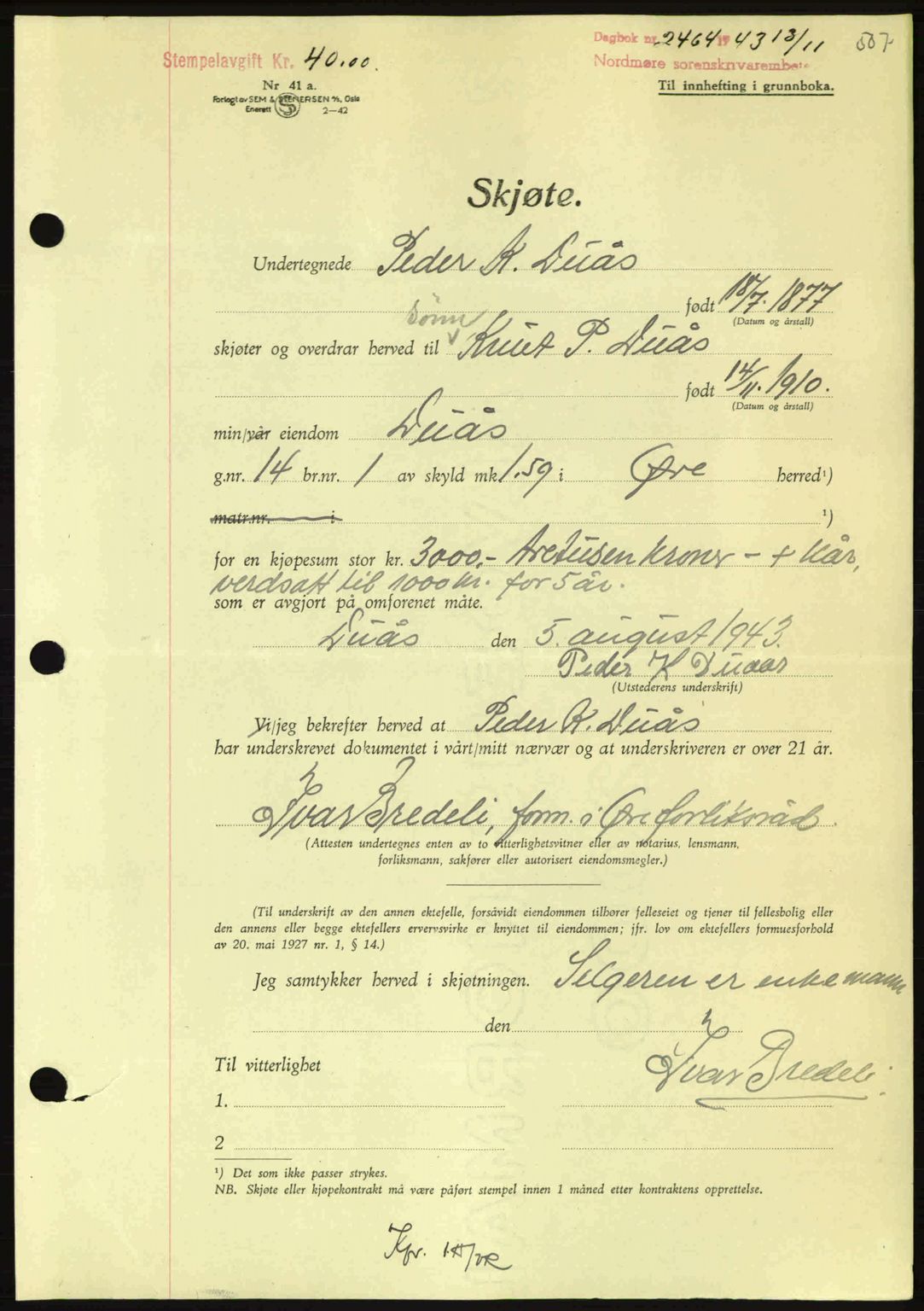Nordmøre sorenskriveri, SAT/A-4132/1/2/2Ca: Mortgage book no. A96, 1943-1944, Diary no: : 2464/1943
