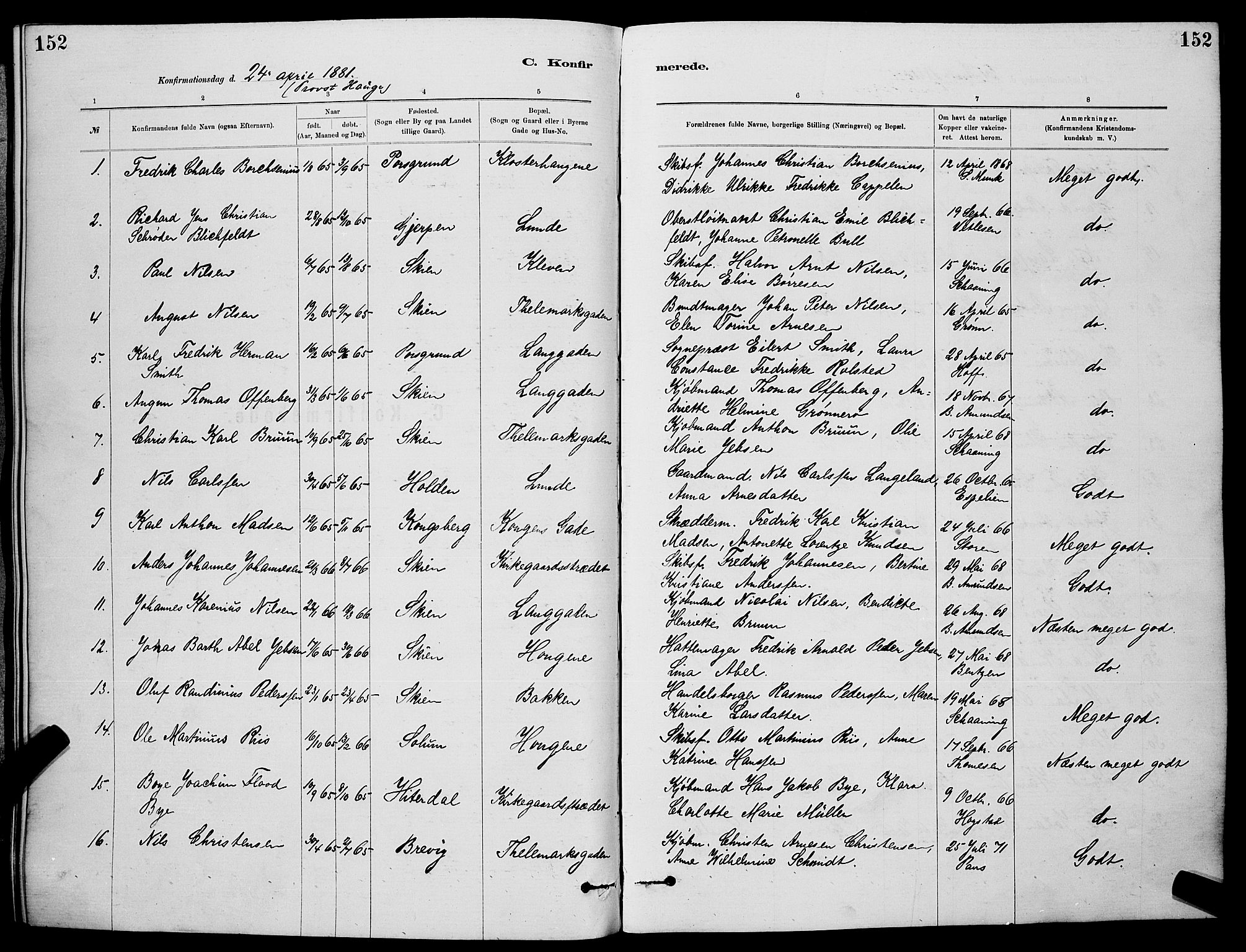 Skien kirkebøker, SAKO/A-302/G/Ga/L0006: Parish register (copy) no. 6, 1881-1890, p. 152