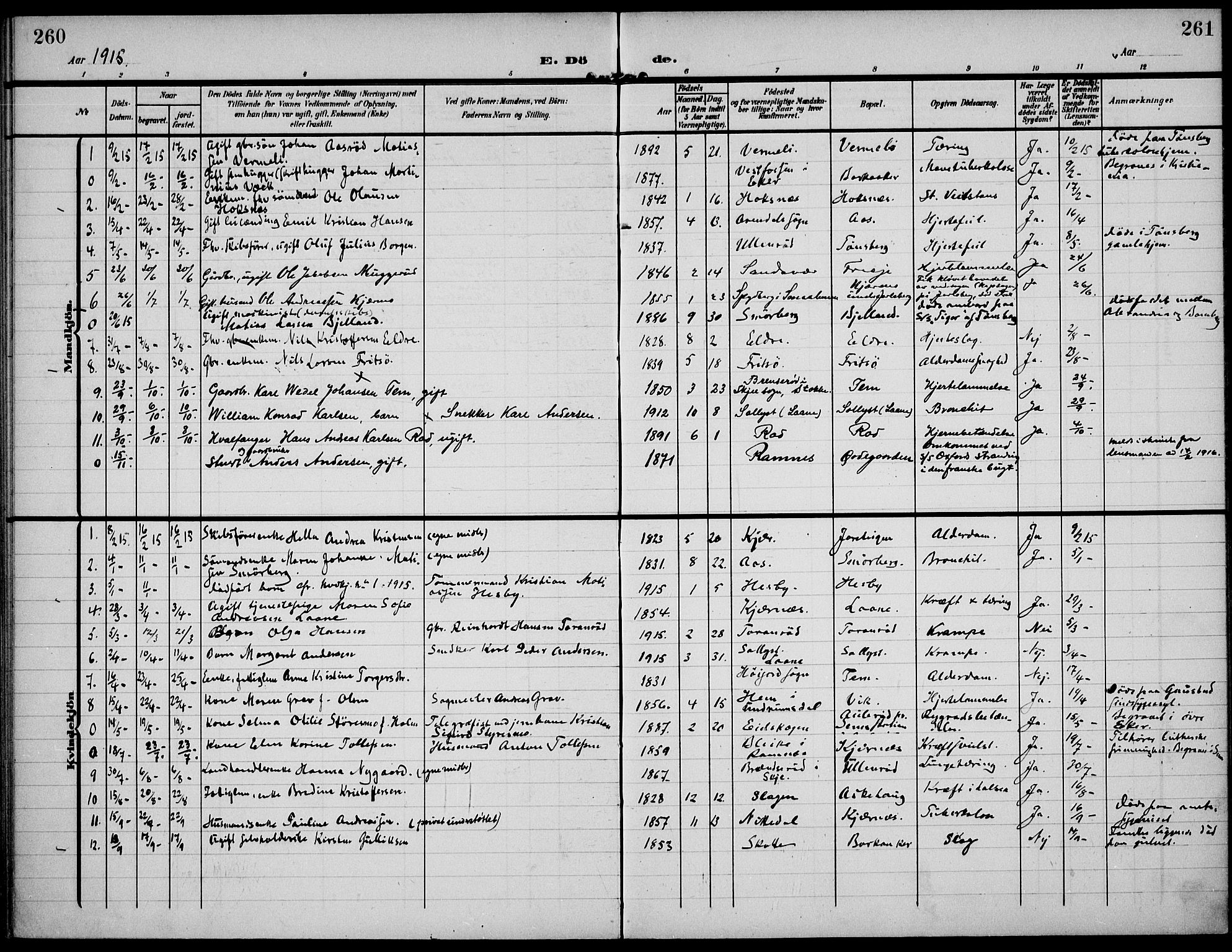 Sem kirkebøker, AV/SAKO-A-5/F/Fa/L0012: Parish register (official) no. I 12, 1905-1915, p. 260-261