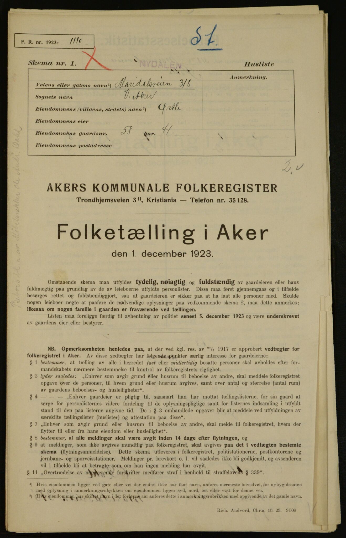 , Municipal Census 1923 for Aker, 1923, p. 14878