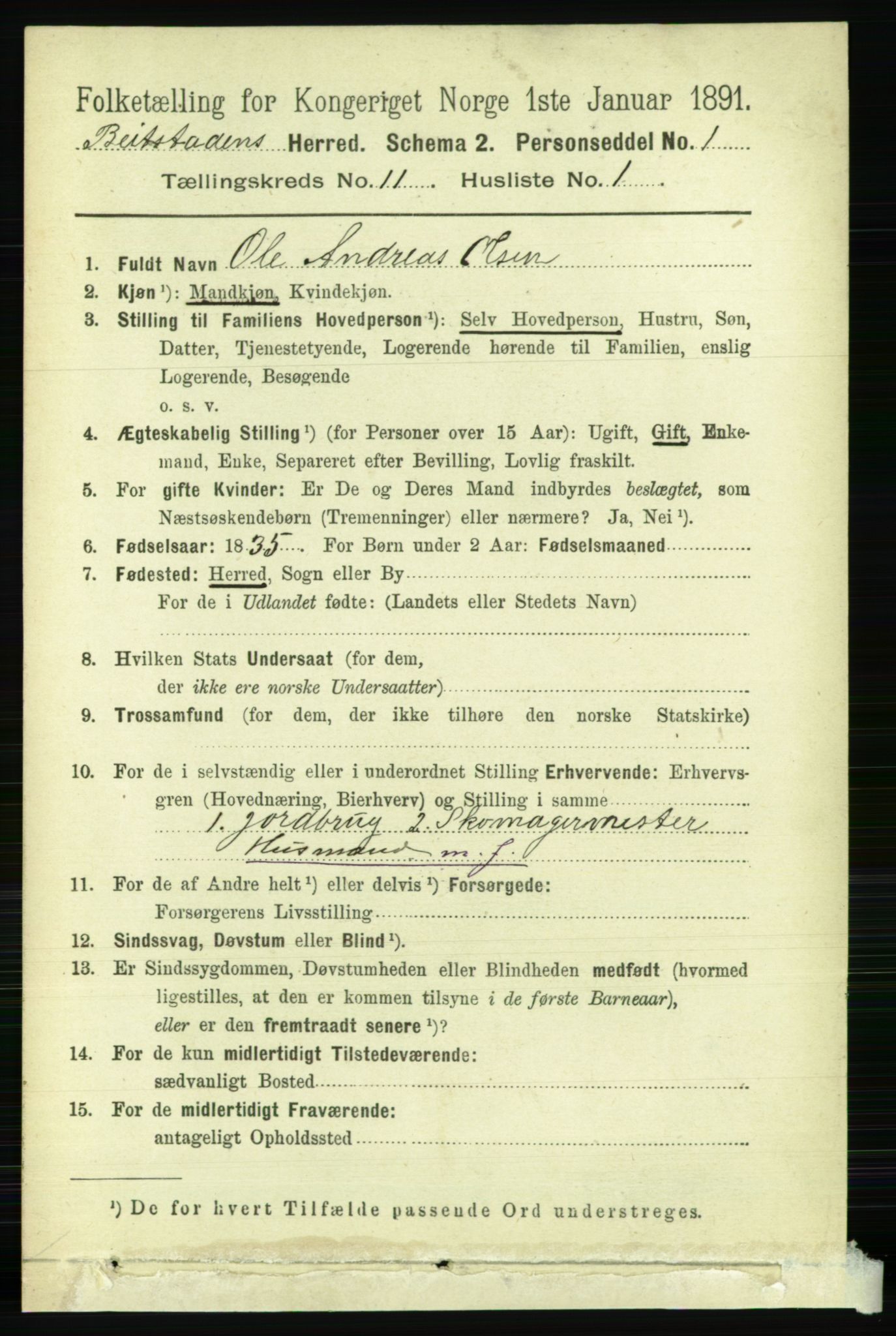 RA, 1891 census for 1727 Beitstad, 1891, p. 3044