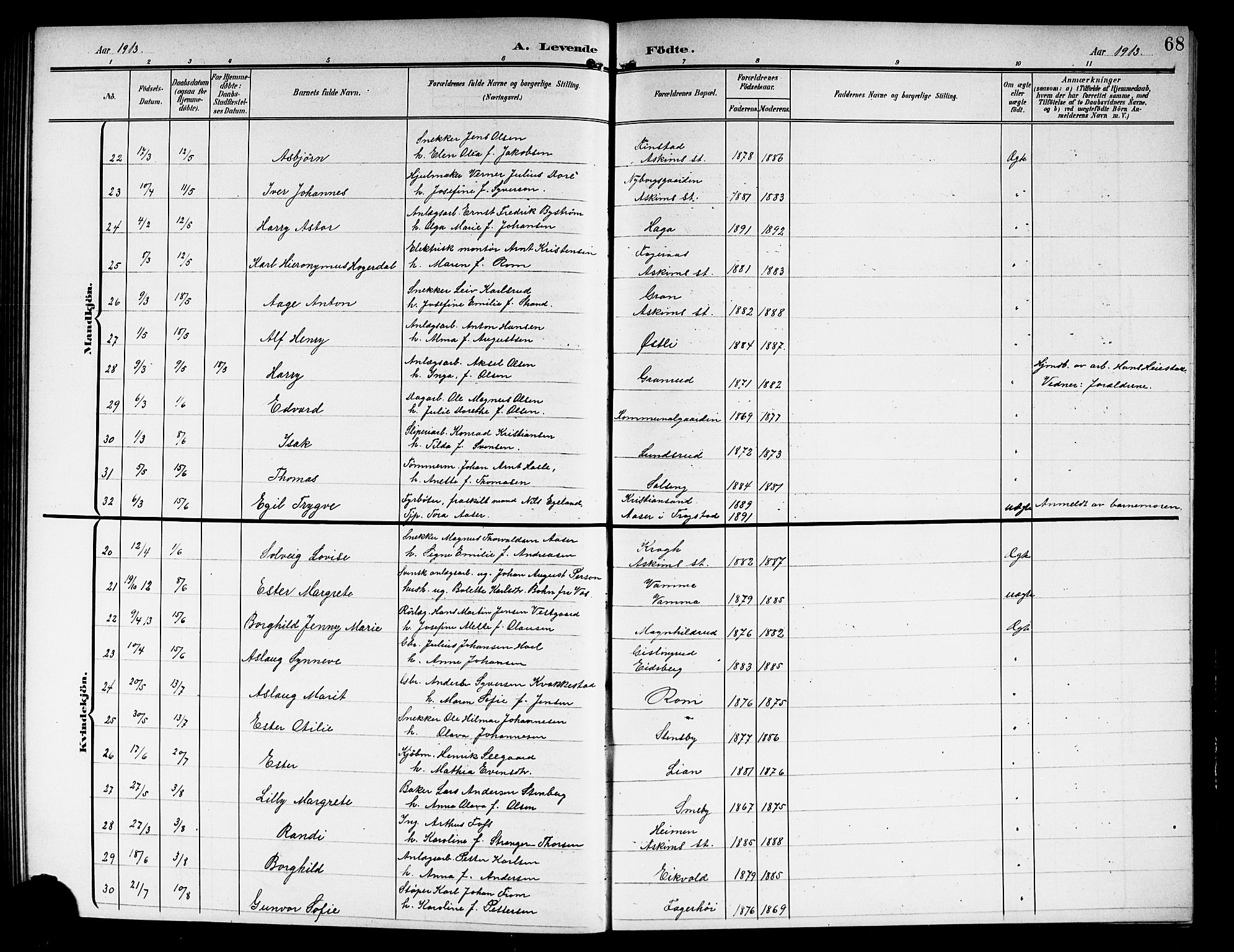 Askim prestekontor Kirkebøker, AV/SAO-A-10900/G/Ga/L0002: Parish register (copy) no. 2, 1903-1921, p. 68