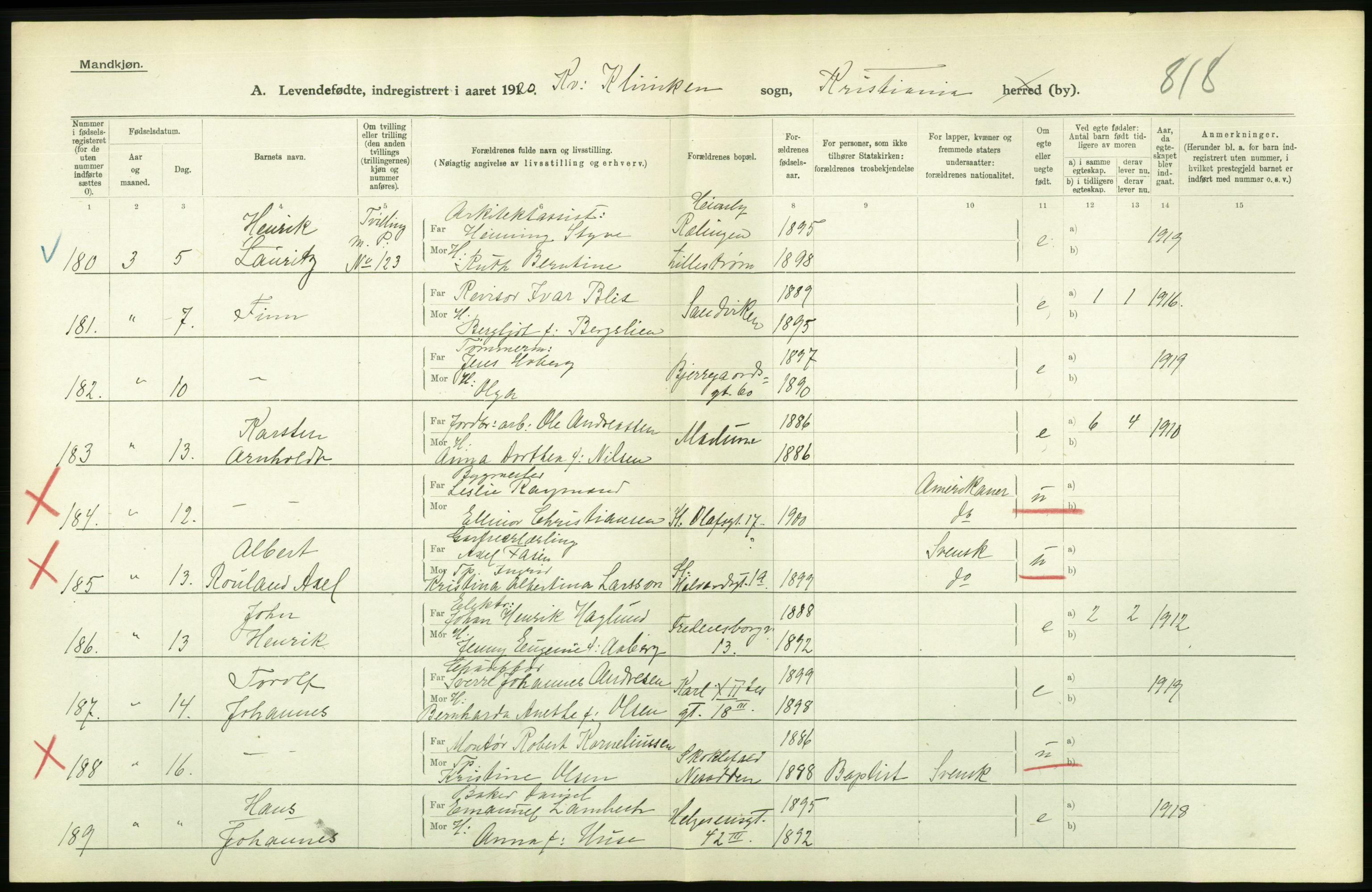 Statistisk sentralbyrå, Sosiodemografiske emner, Befolkning, RA/S-2228/D/Df/Dfb/Dfbj/L0008: Kristiania: Levendefødte menn og kvinner., 1920, p. 360