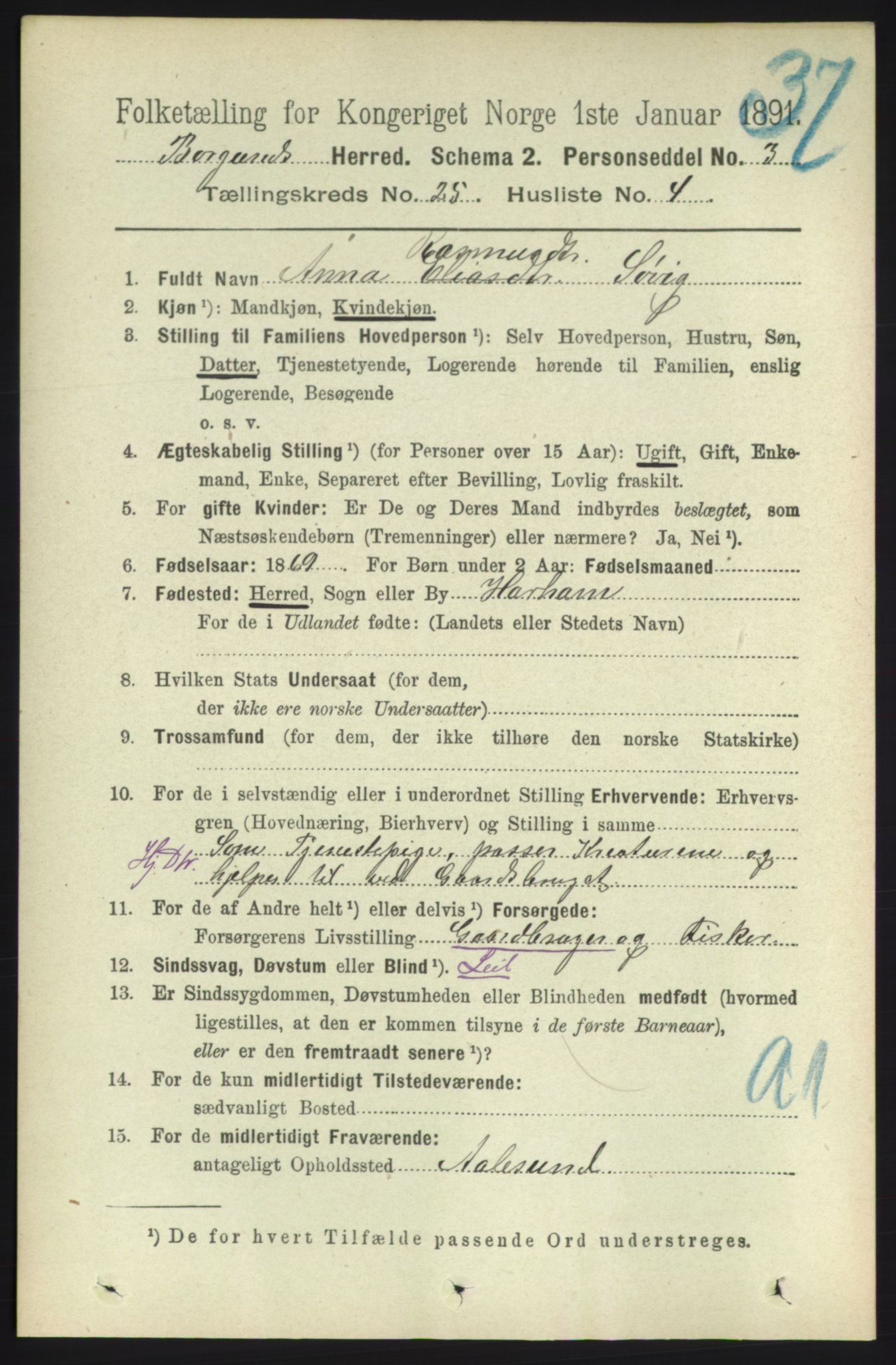 RA, 1891 census for 1531 Borgund, 1891, p. 7279