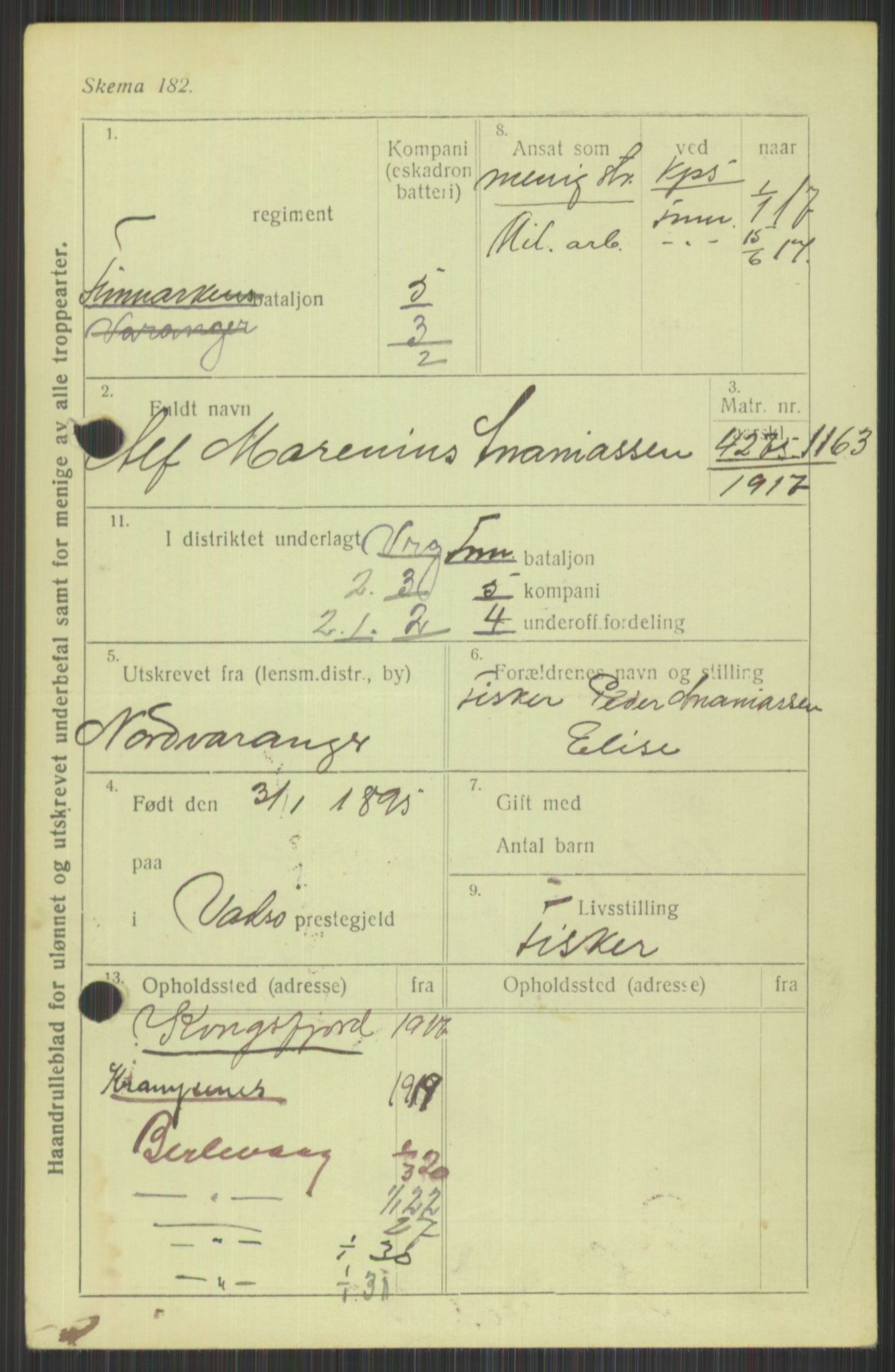 Forsvaret, Varanger bataljon, AV/RA-RAFA-2258/1/D/L0440: Rulleblad for fødte 1892-1912, 1892-1912, p. 61