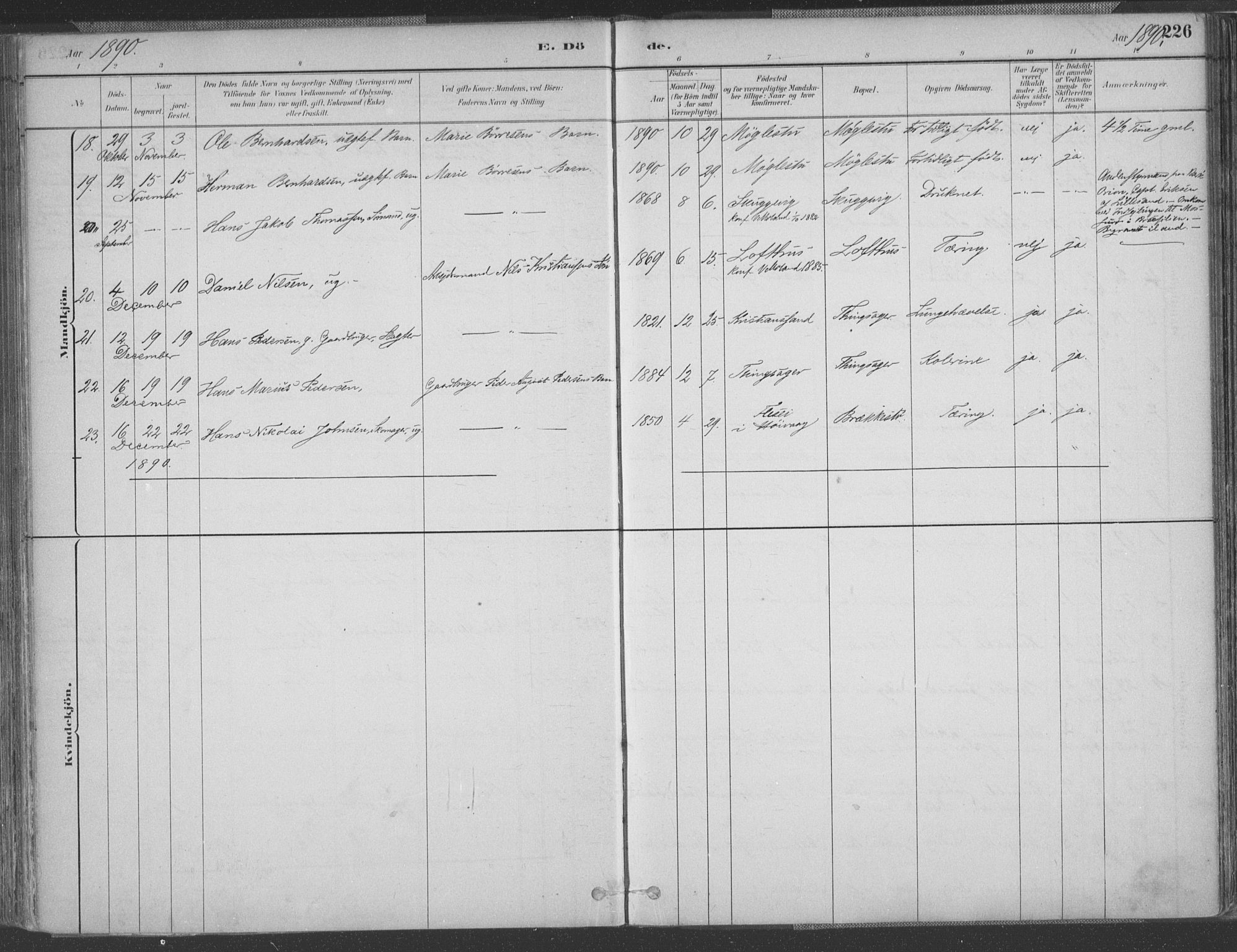 Vestre Moland sokneprestkontor, AV/SAK-1111-0046/F/Fa/Fab/L0009: Parish register (official) no. A 9, 1884-1899, p. 226