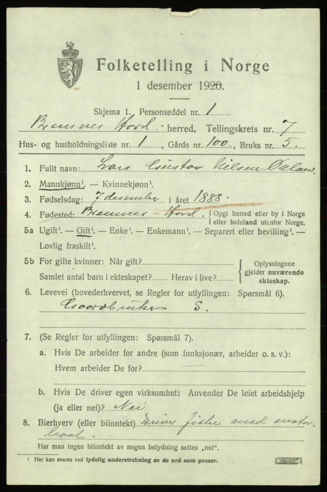SAB, 1920 census for Bremnes, 1920, p. 4008