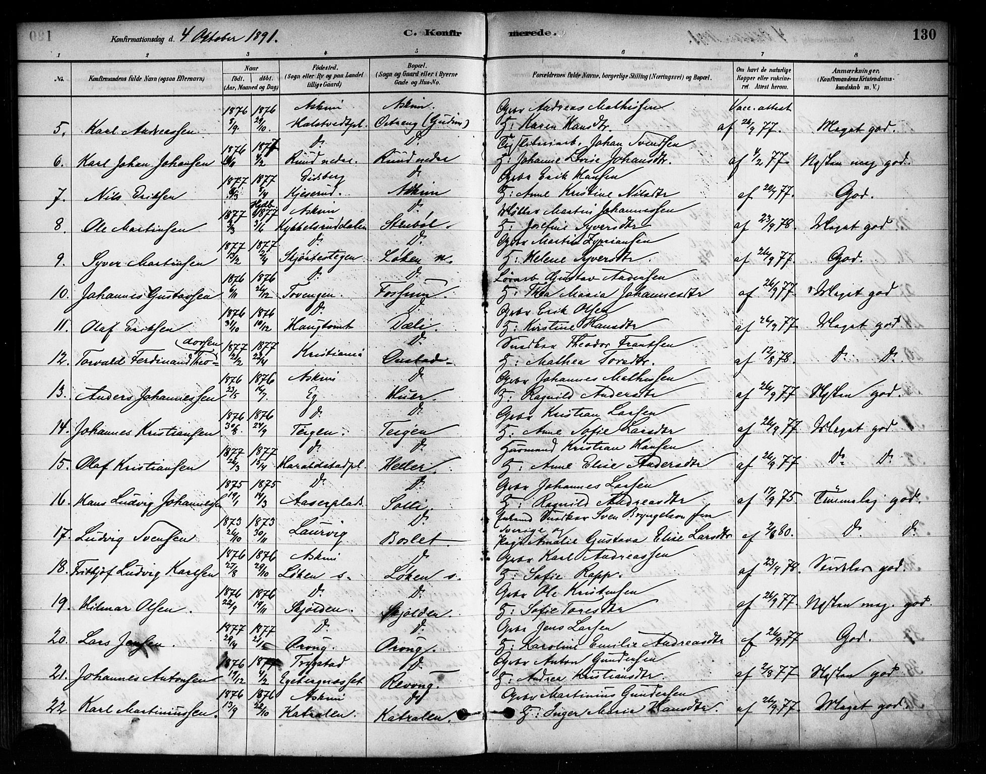 Askim prestekontor Kirkebøker, AV/SAO-A-10900/F/Fa/L0007: Parish register (official) no. 7, 1882-1897, p. 130