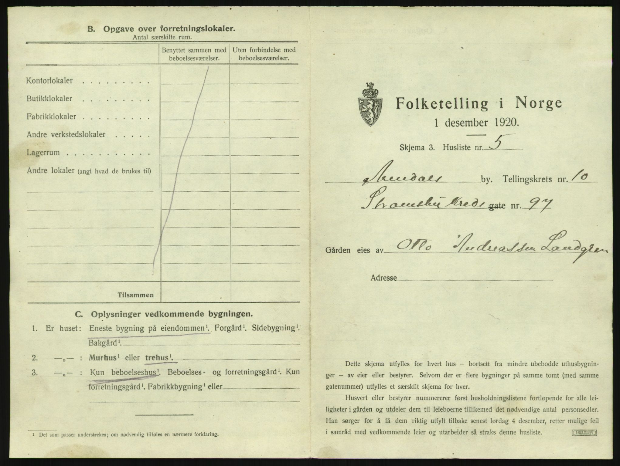 SAK, 1920 census for Arendal, 1920, p. 1296