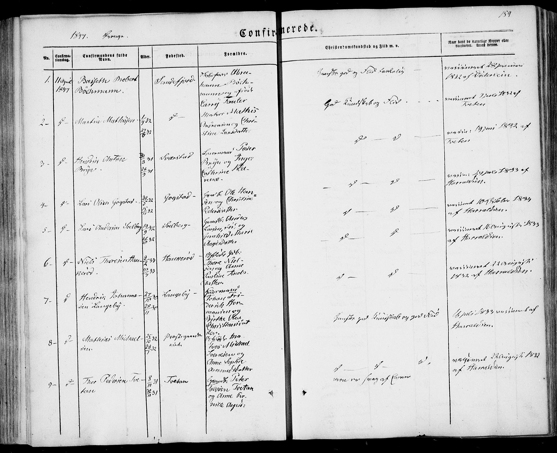 Sandar kirkebøker, SAKO/A-243/F/Fa/L0006: Parish register (official) no. 6, 1847-1860, p. 159